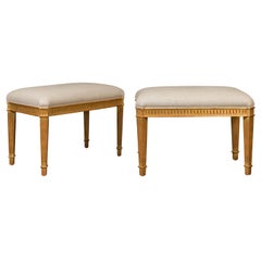 Pair of Midcentury Italian Giltwood Benches with Fluted Accents and Upholstery