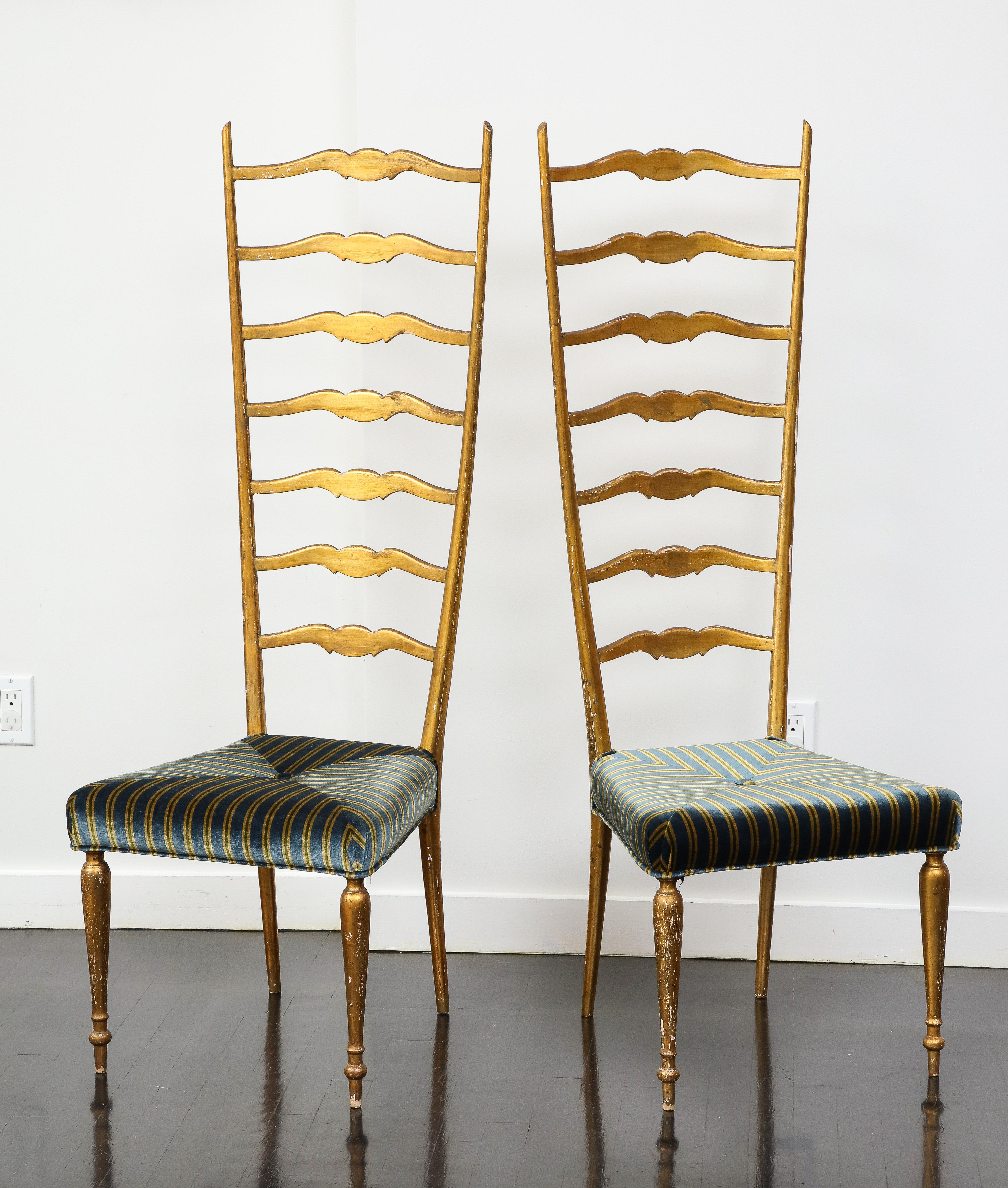 Pair of Midcentury Italian Giltwood High Ladder Back Chairs with Velvet Seats For Sale 6