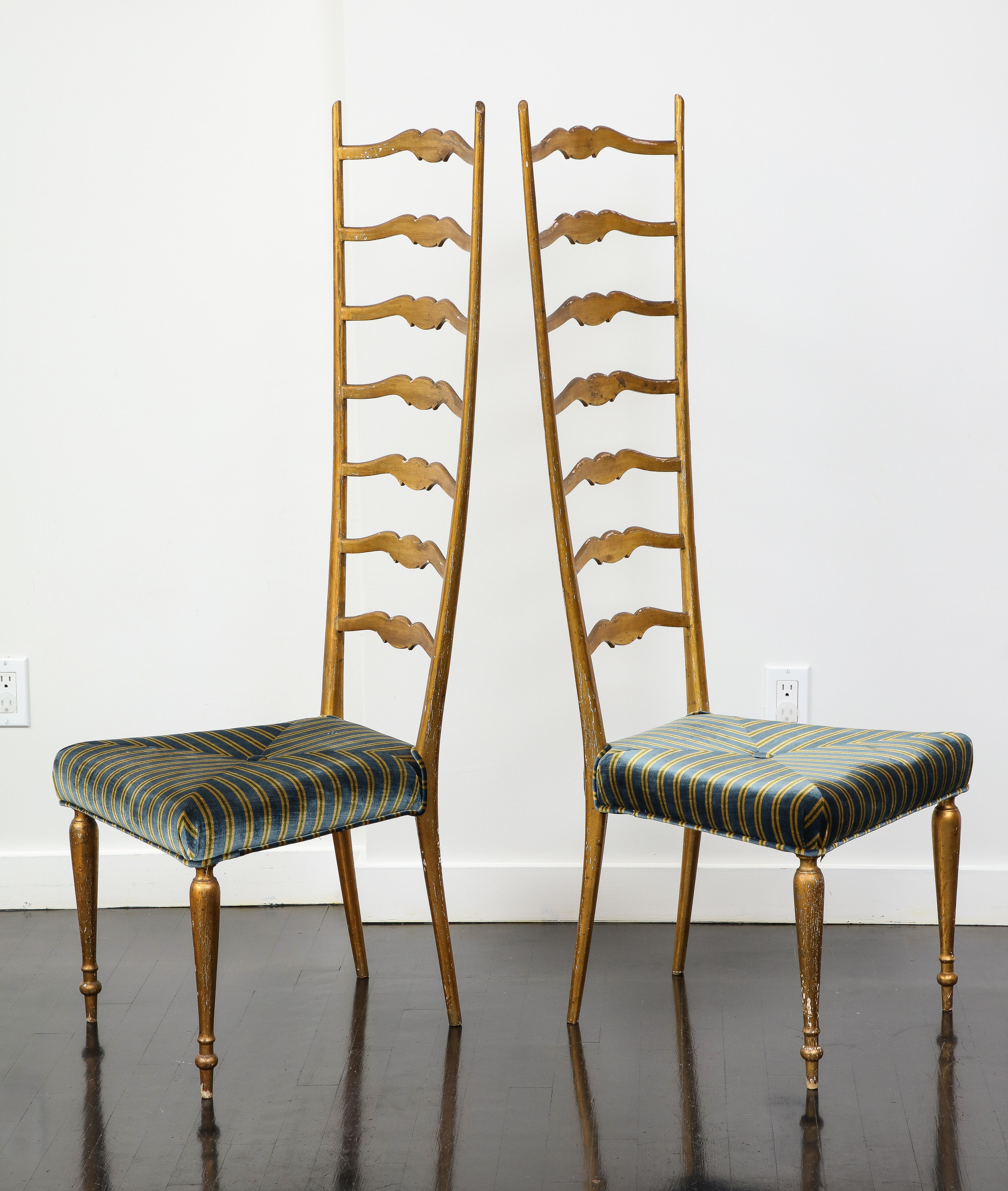 Pair of Midcentury Italian Giltwood High Ladder Back Chairs with Velvet Seats For Sale 7