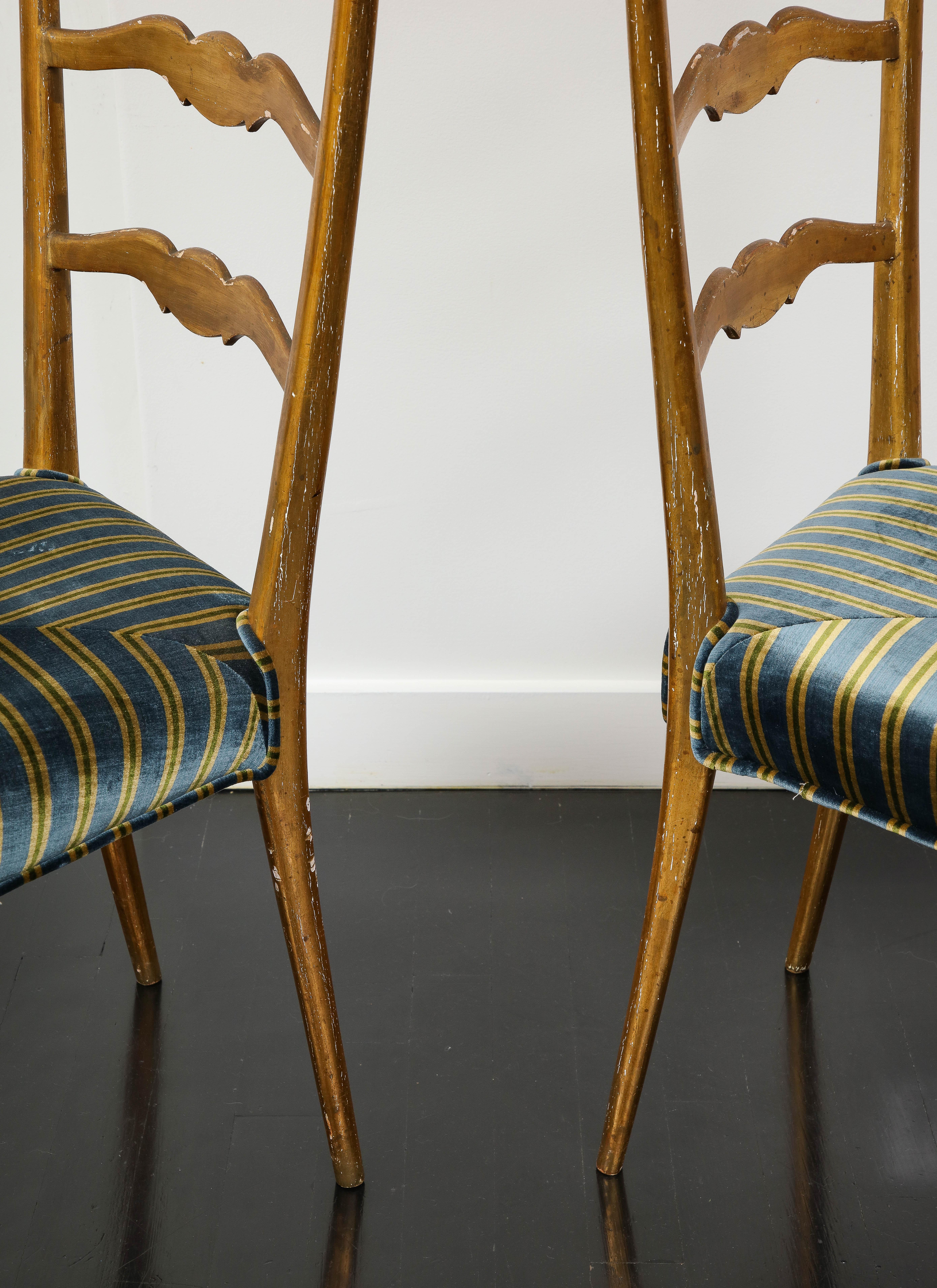 Pair of Midcentury Italian Giltwood High Ladder Back Chairs with Velvet Seats For Sale 8