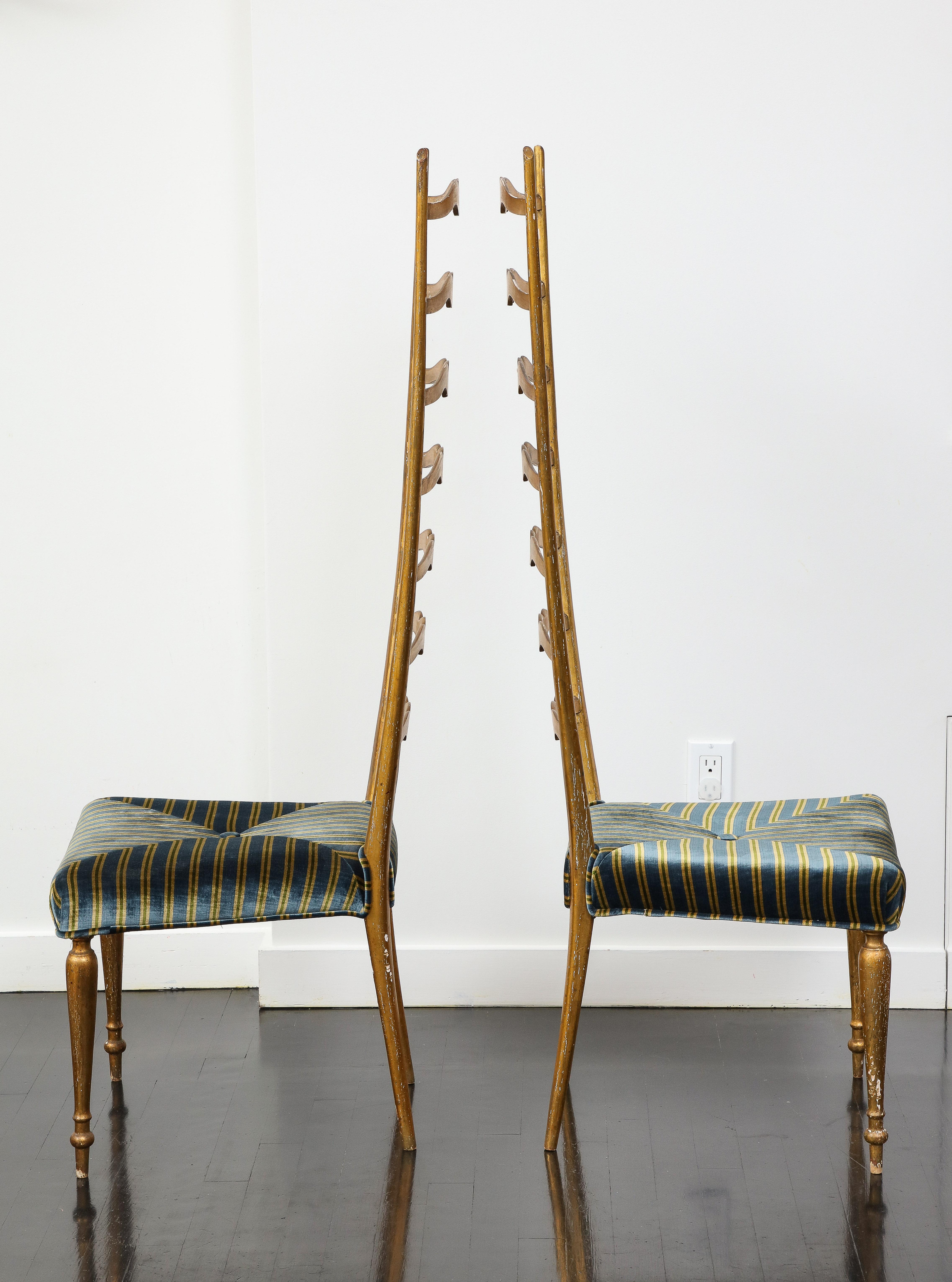 Pair of Midcentury Italian Giltwood High Ladder Back Chairs with Velvet Seats For Sale 9