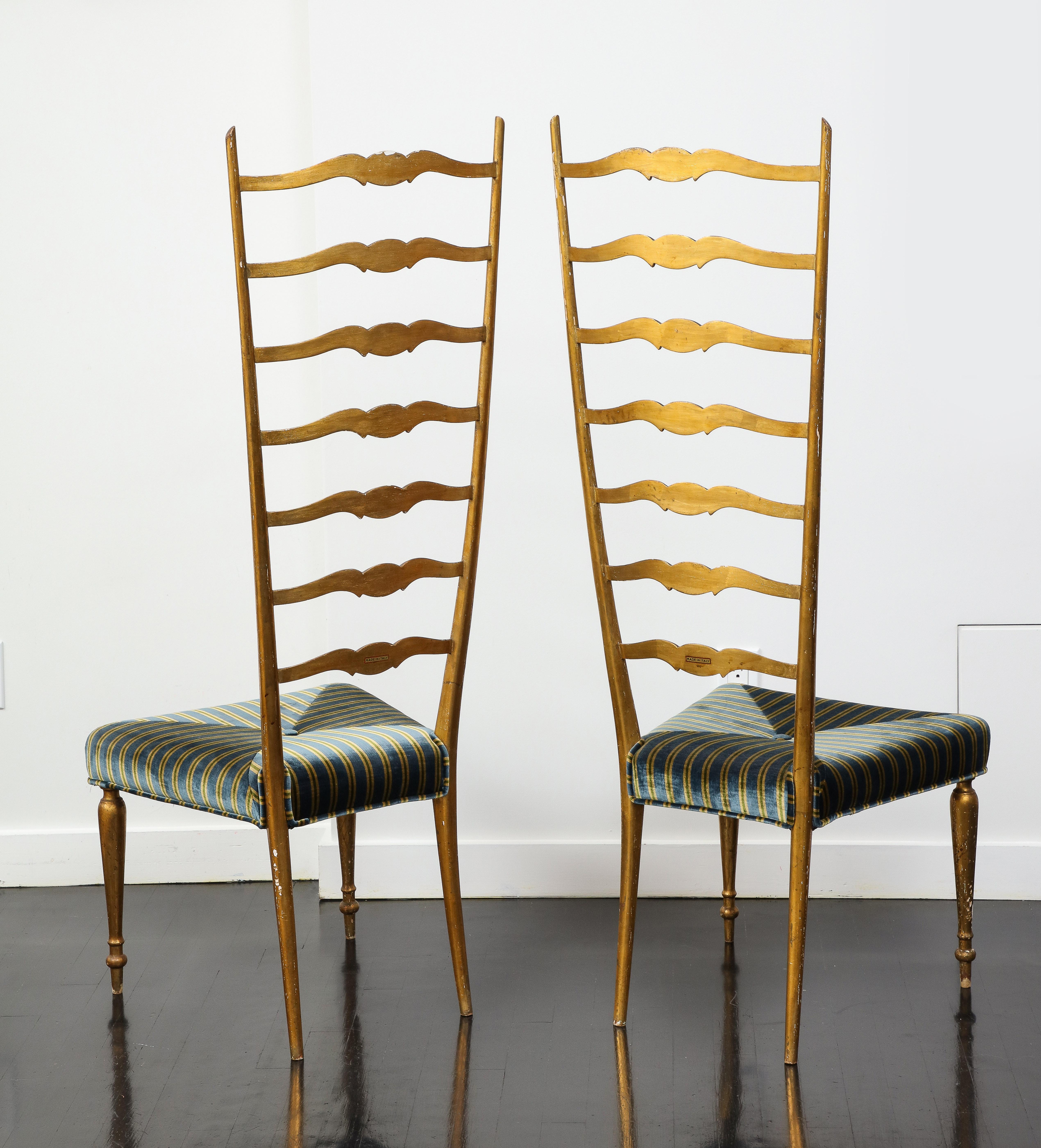 Pair of Midcentury Italian Giltwood High Ladder Back Chairs with Velvet Seats For Sale 10