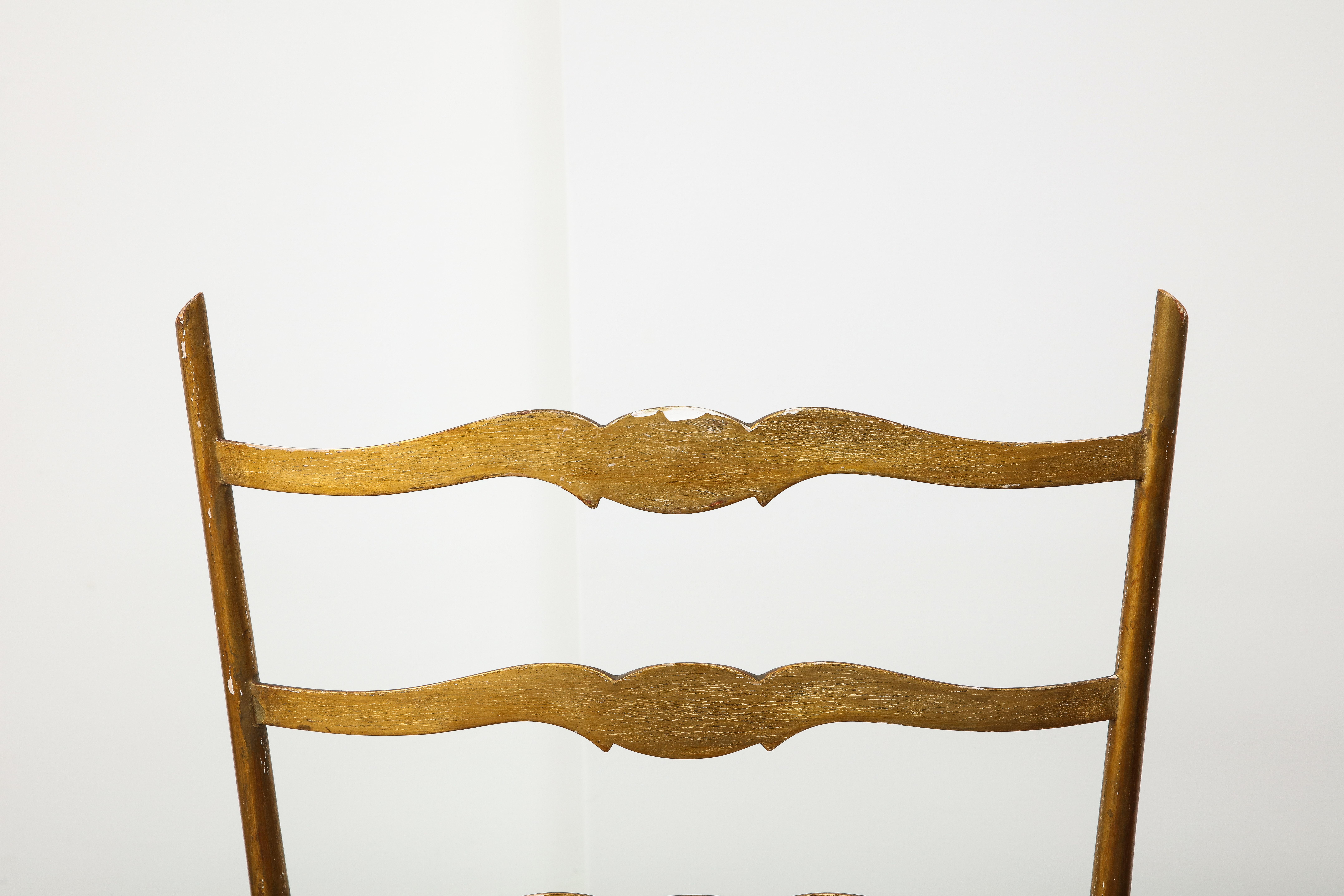 Pair of Midcentury Italian Giltwood High Ladder Back Chairs with Velvet Seats For Sale 11