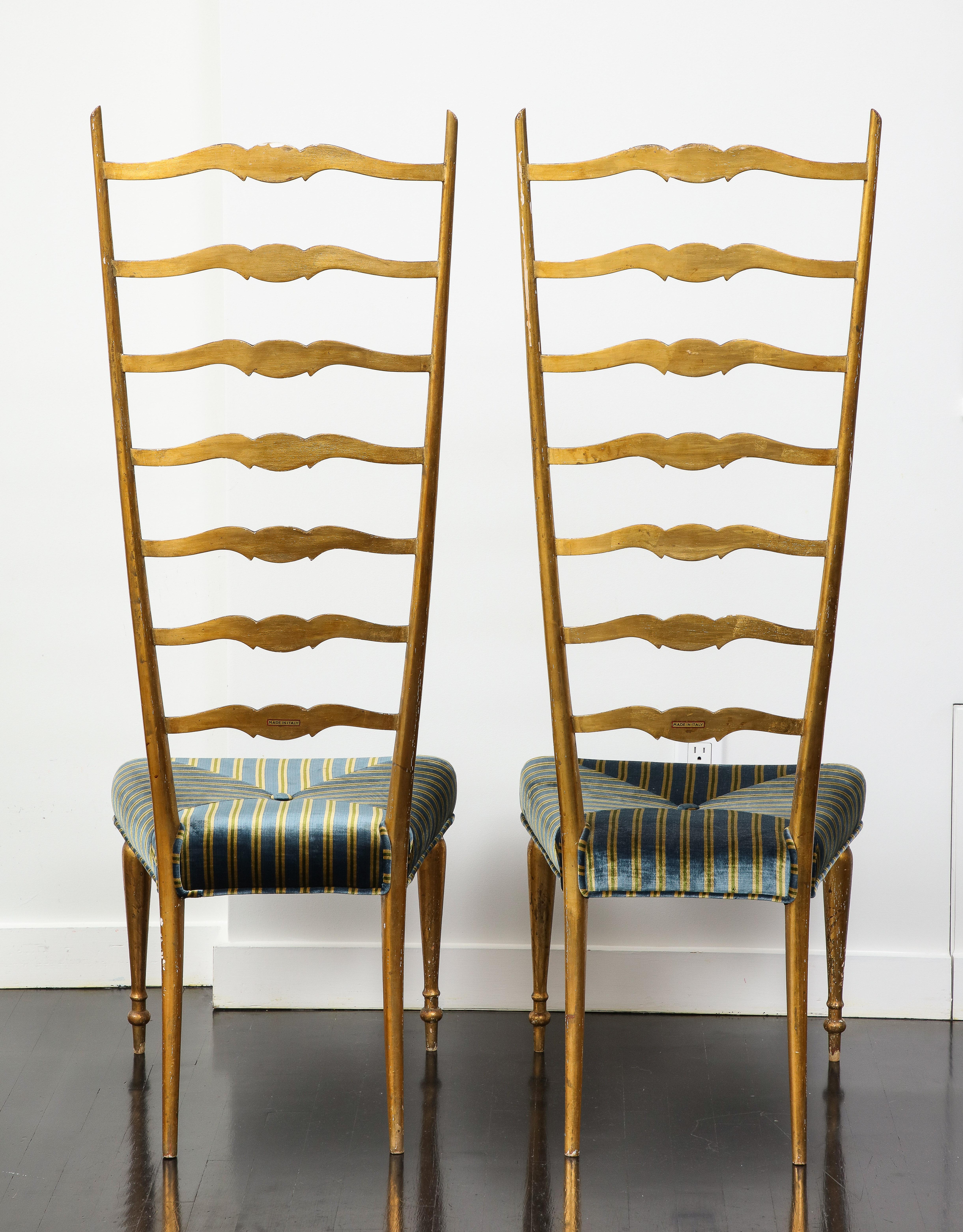 Pair of Midcentury Italian Giltwood High Ladder Back Chairs with Velvet Seats For Sale 13
