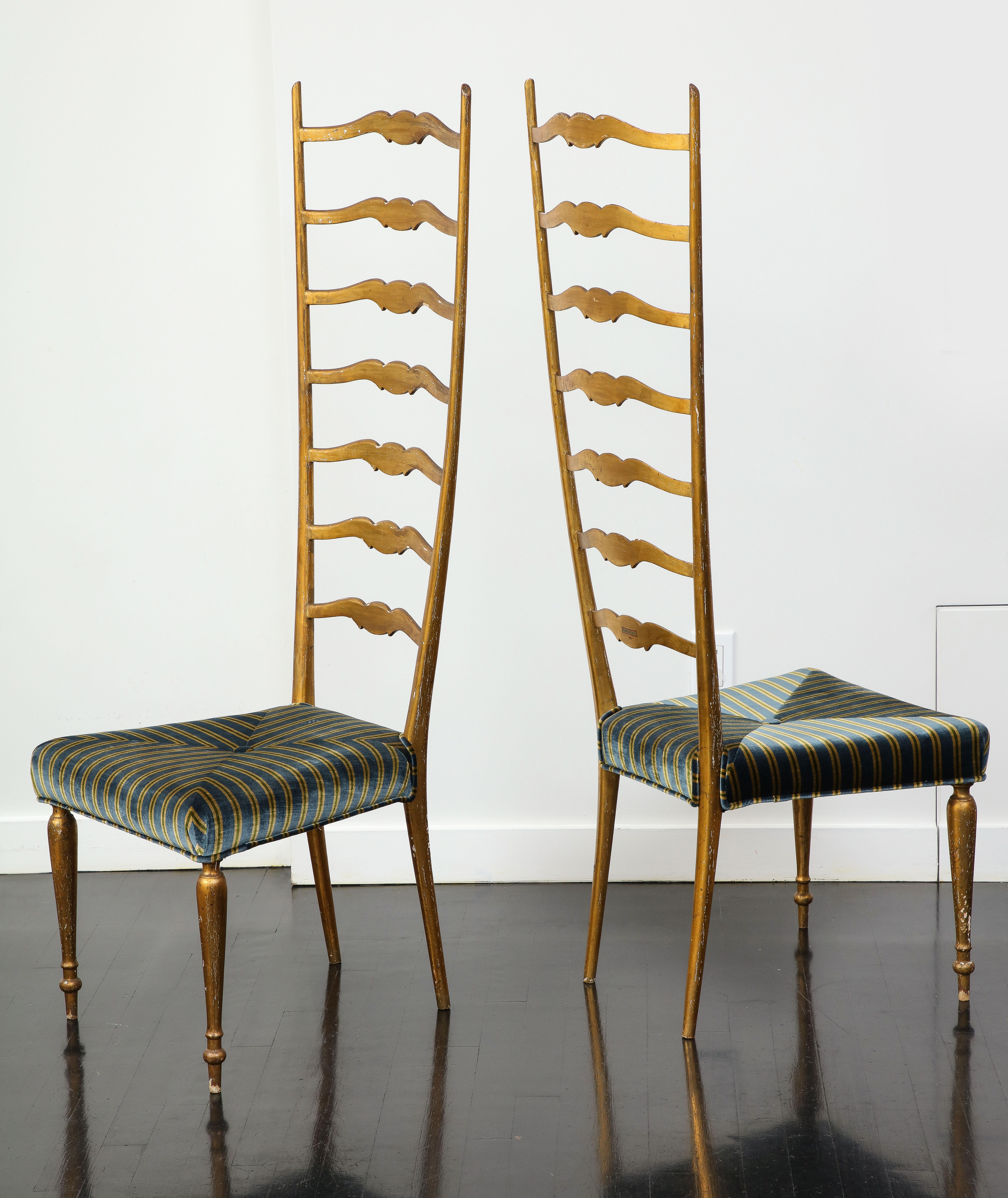 Pair of Midcentury Italian Giltwood High Ladder Back Chairs with Velvet Seats For Sale 14