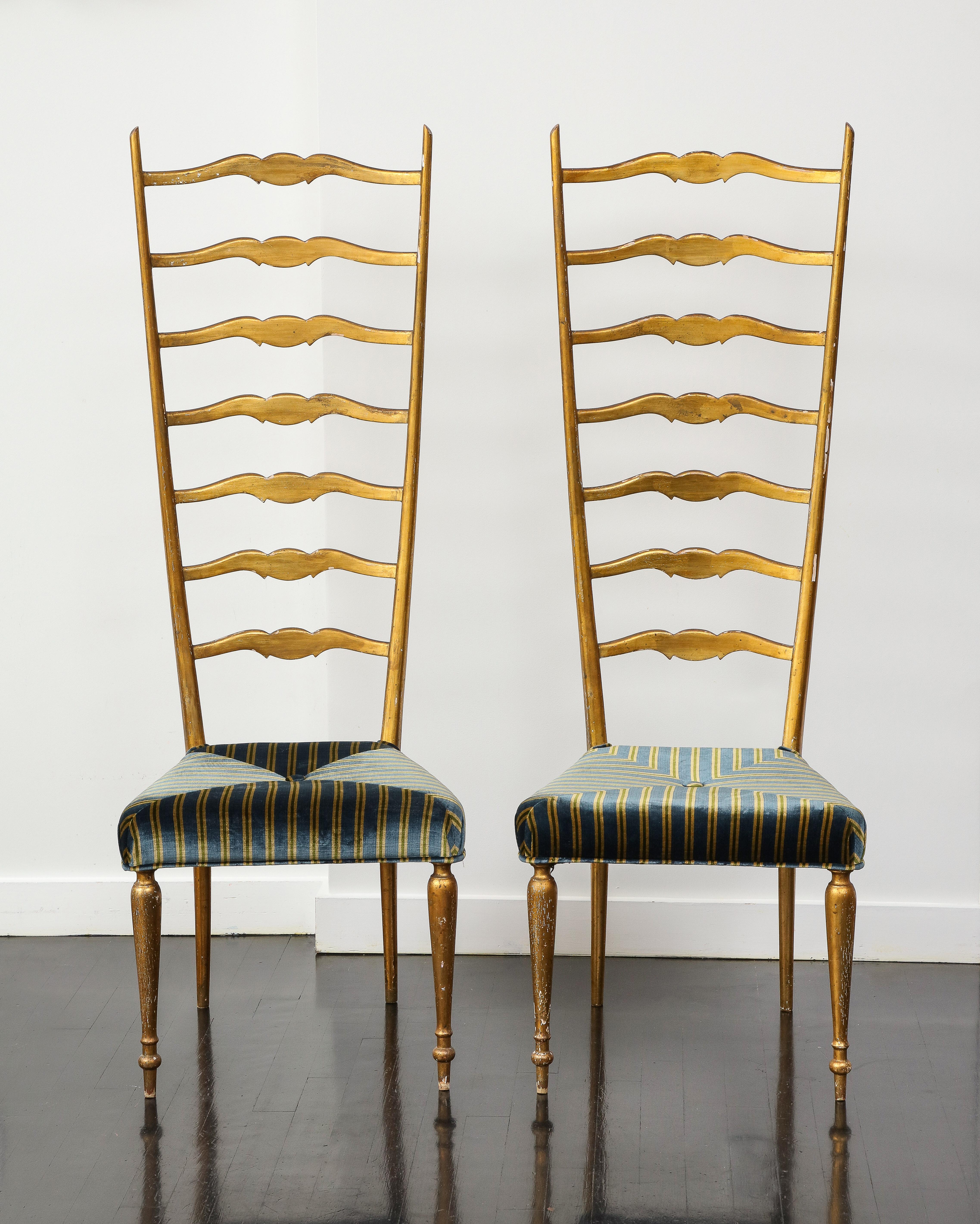 Mid-Century Modern Pair of Midcentury Italian Giltwood High Ladder Back Chairs with Velvet Seats For Sale