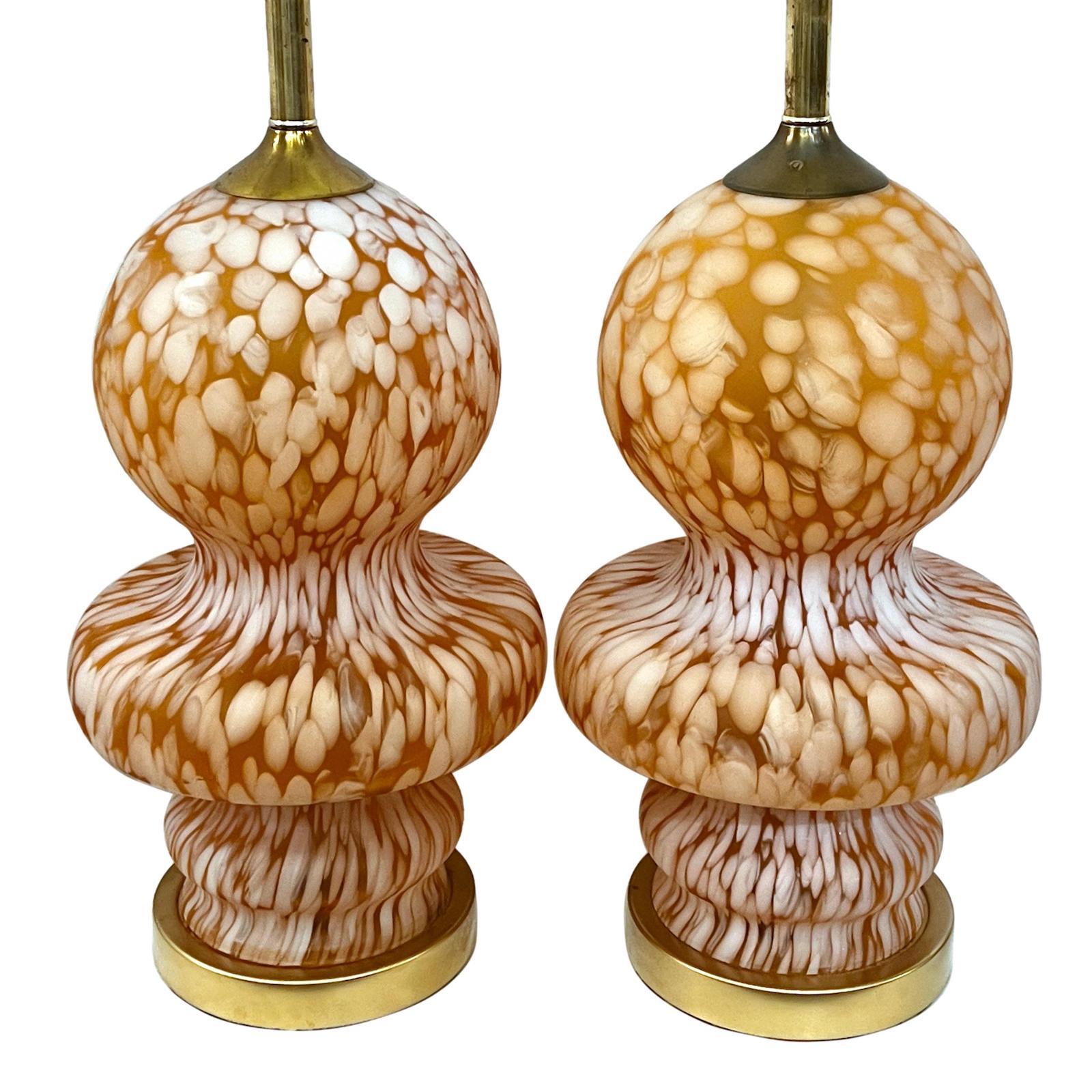 Pair of circa 1960s Italian blown art glass table lamps with gilt bases.

Measurements:
Height of body: 22