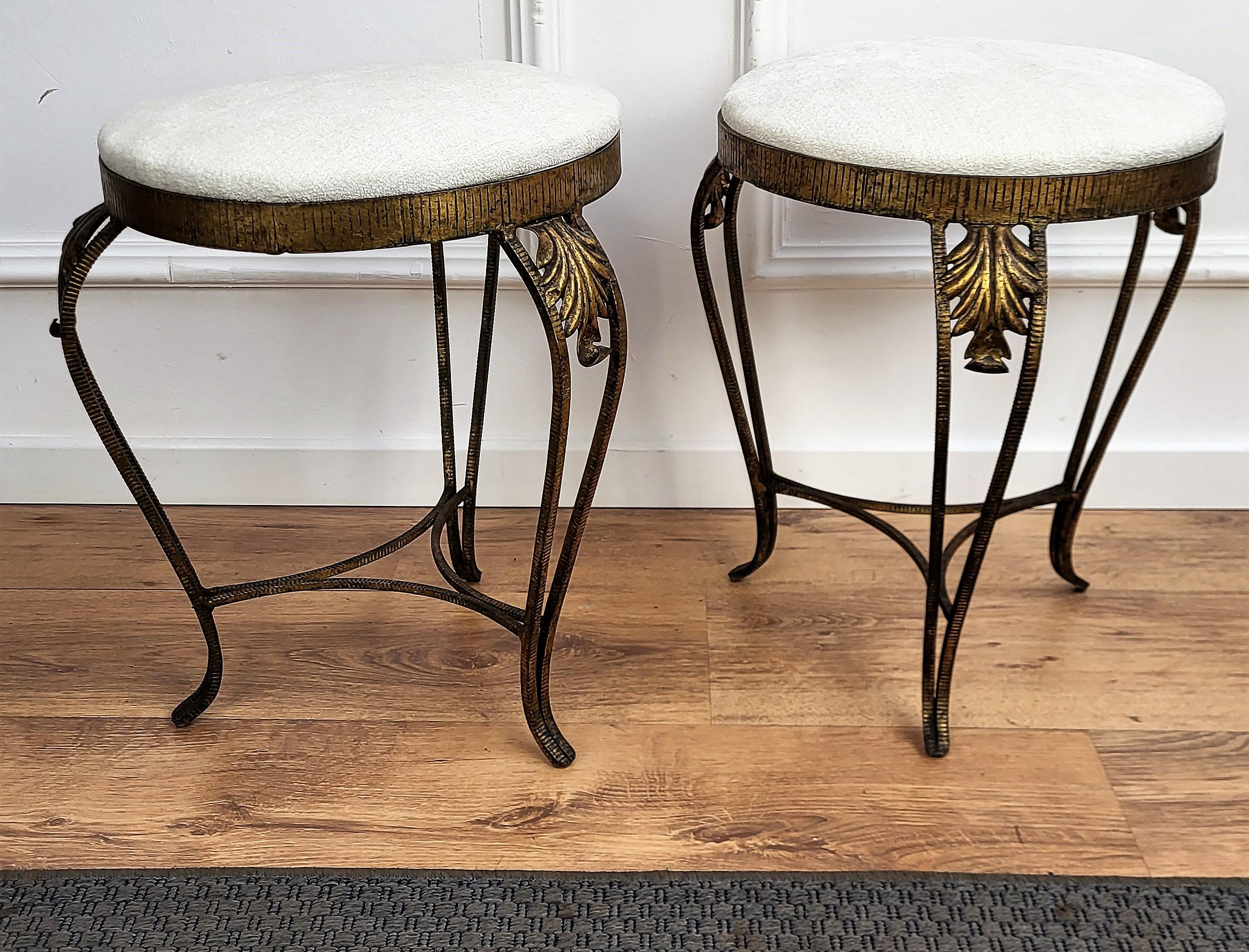 Mid-Century Modern Pair of Mid-Century Italian Gold Brass and White Upholstery Tripod Stools Bench For Sale
