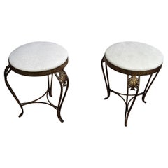 Pair of Mid-Century Italian Gold Brass and White Upholstery Tripod Stools Bench