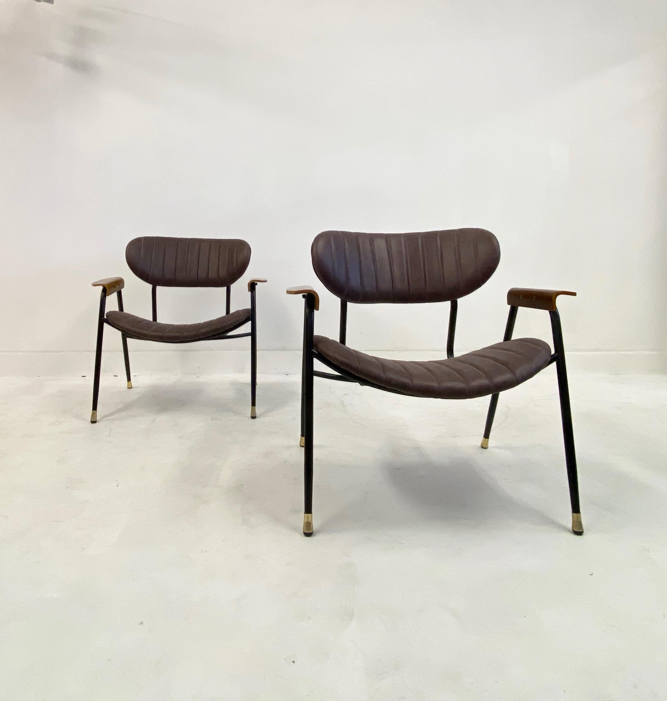 Steel Pair of Midcentury Italian Leather Armchairs by Gastone Rinaldi for RIMA