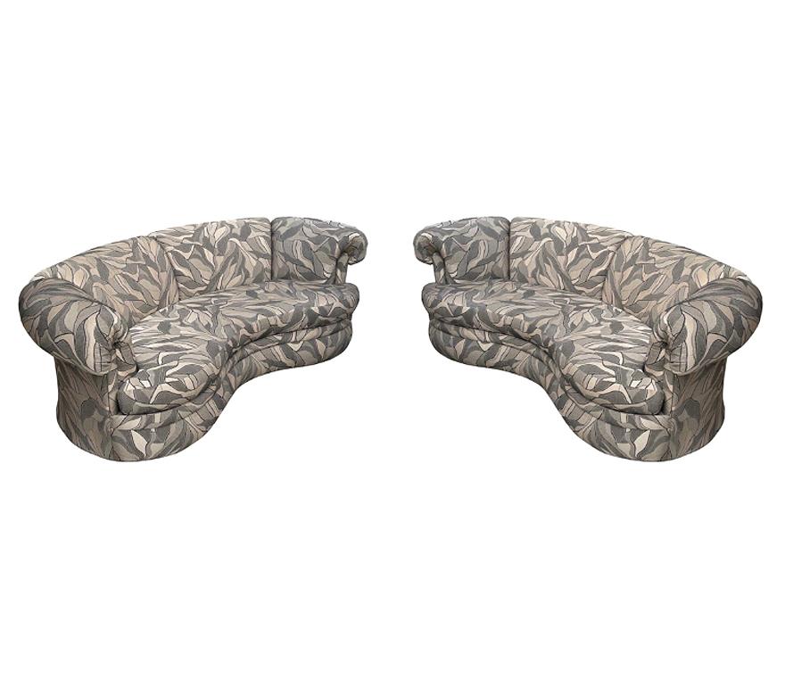 Fabric Pair of Midcentury Italian Modern Curved Kidney Bean Cloud Sofas or Loveseats