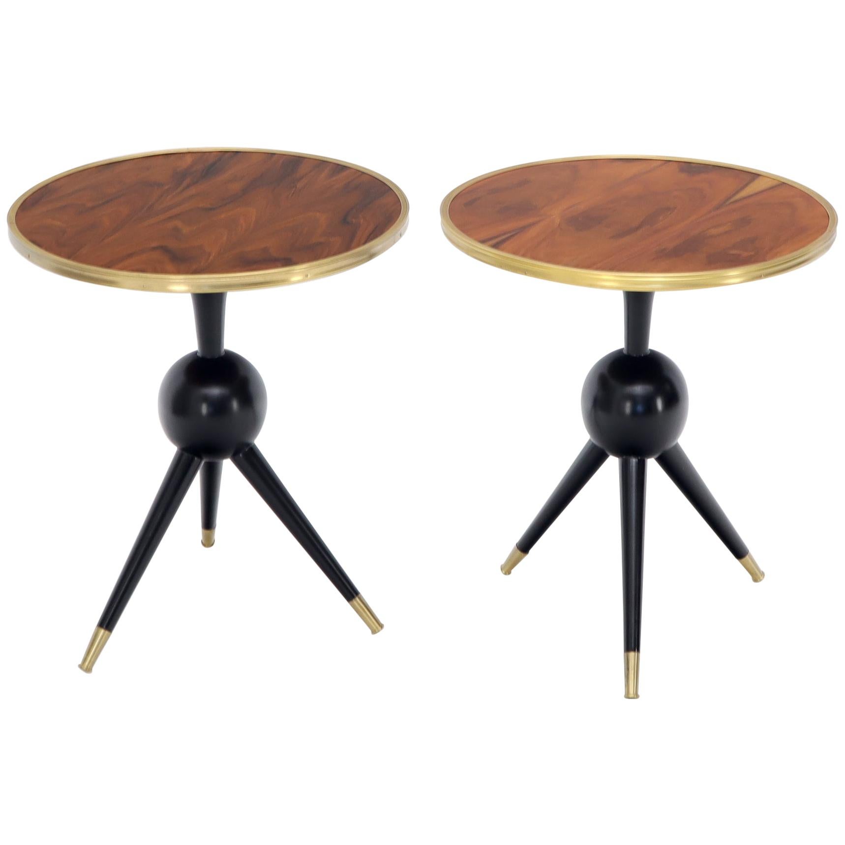 Pair of Midcentury Italian Modern Rosewood Tops Brass Edge Ebonized Base Tables