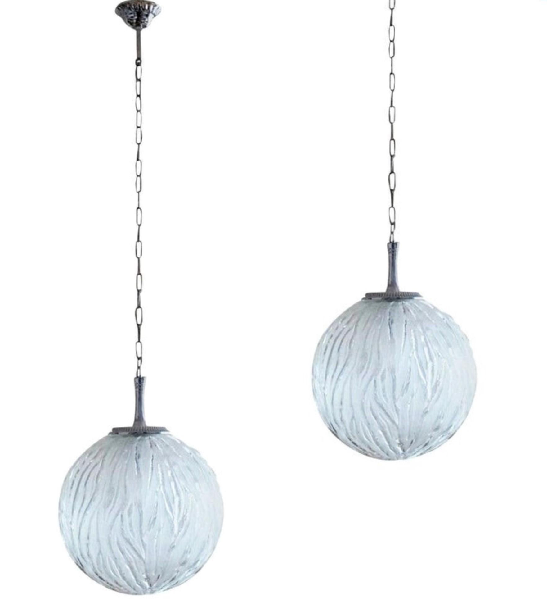 Art Deco Pair of French Degue Style Glass Sphere Pendants, 1950s For Sale