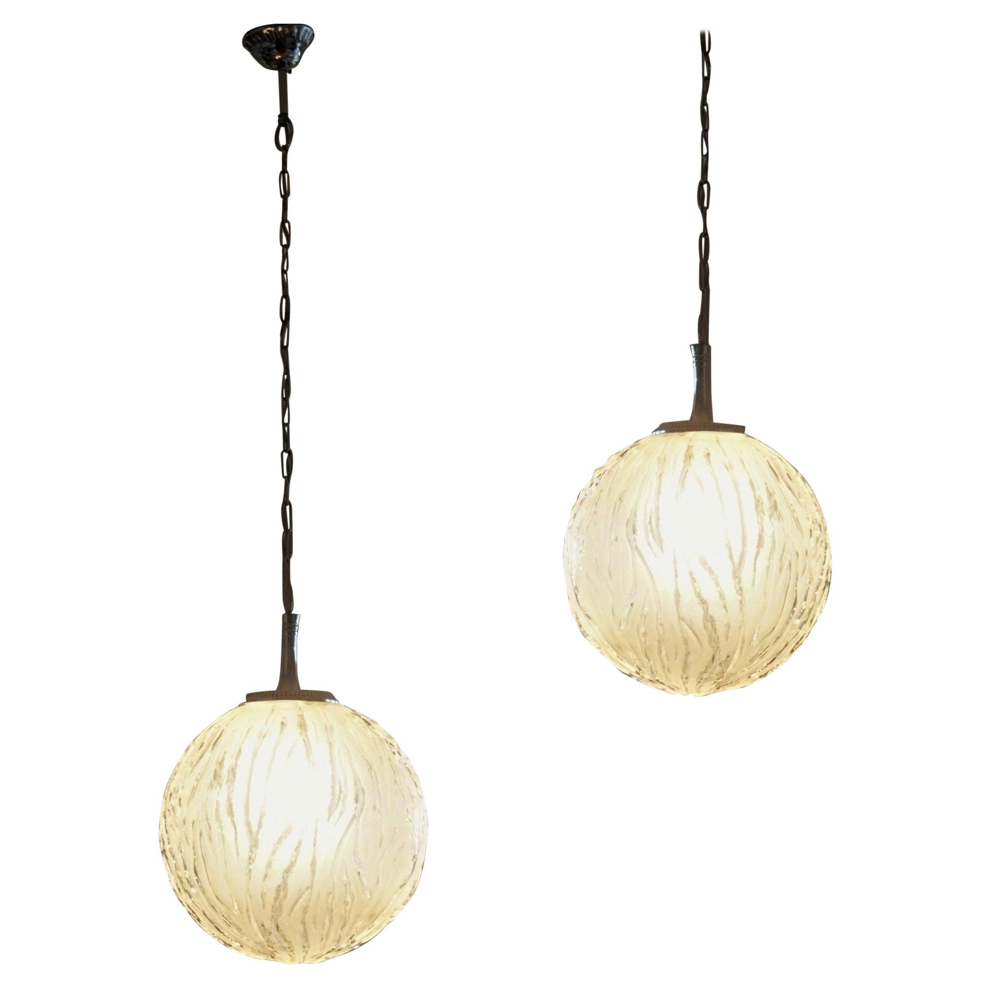 Pair of French Degue Style Glass Sphere Pendants, 1950s For Sale