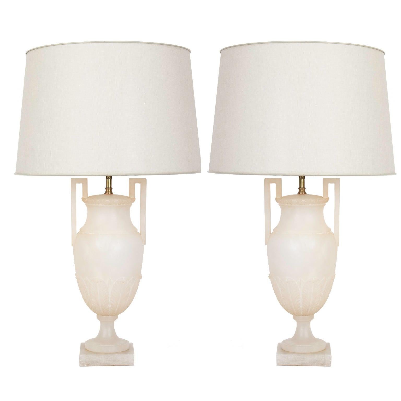Pair of Midcentury Italian Neoclassical Style Alabaster Urn Table Lamps