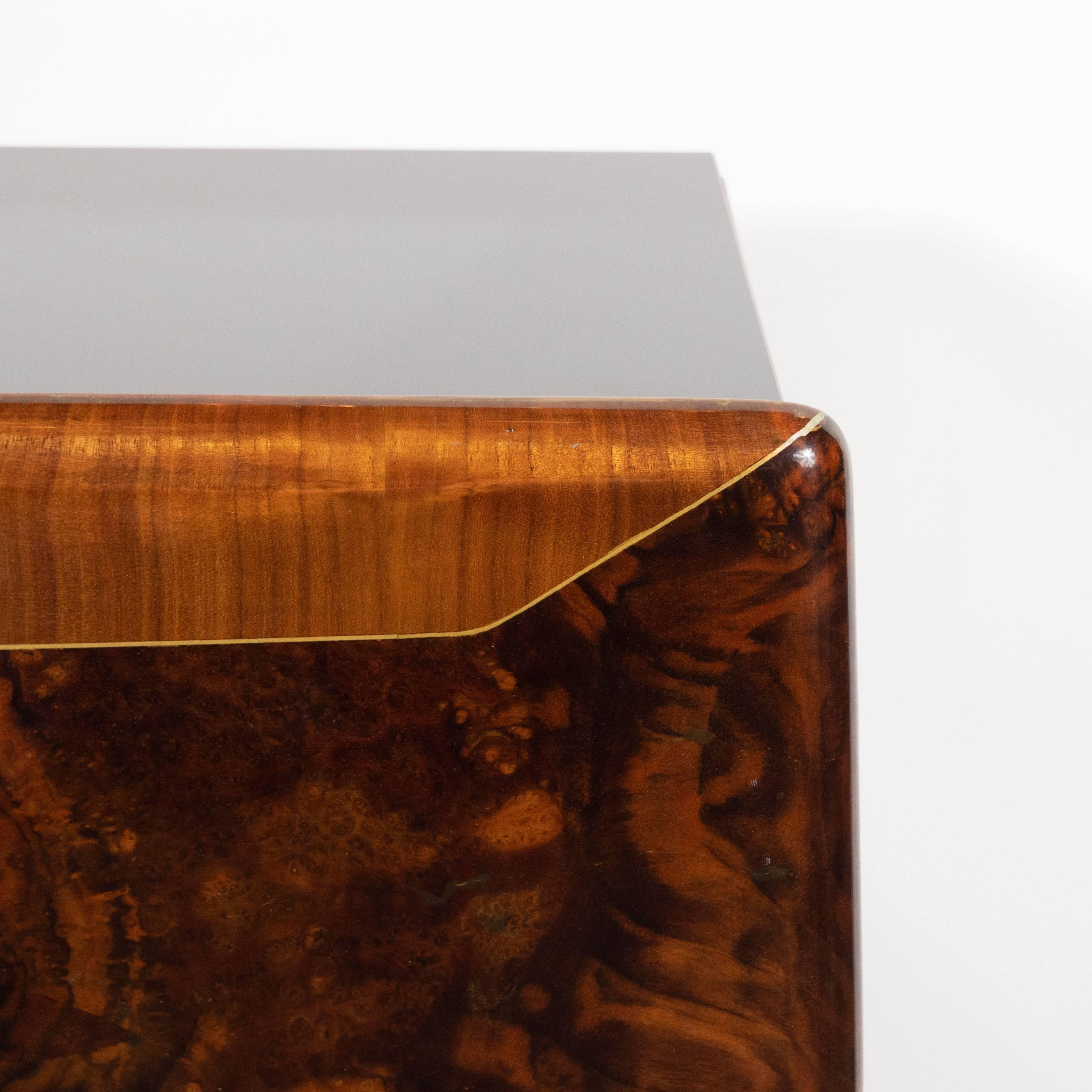 Vitrolite Pair of Midcentury Italian Nightstands/End Tables in Exotic Bookmatched Wood