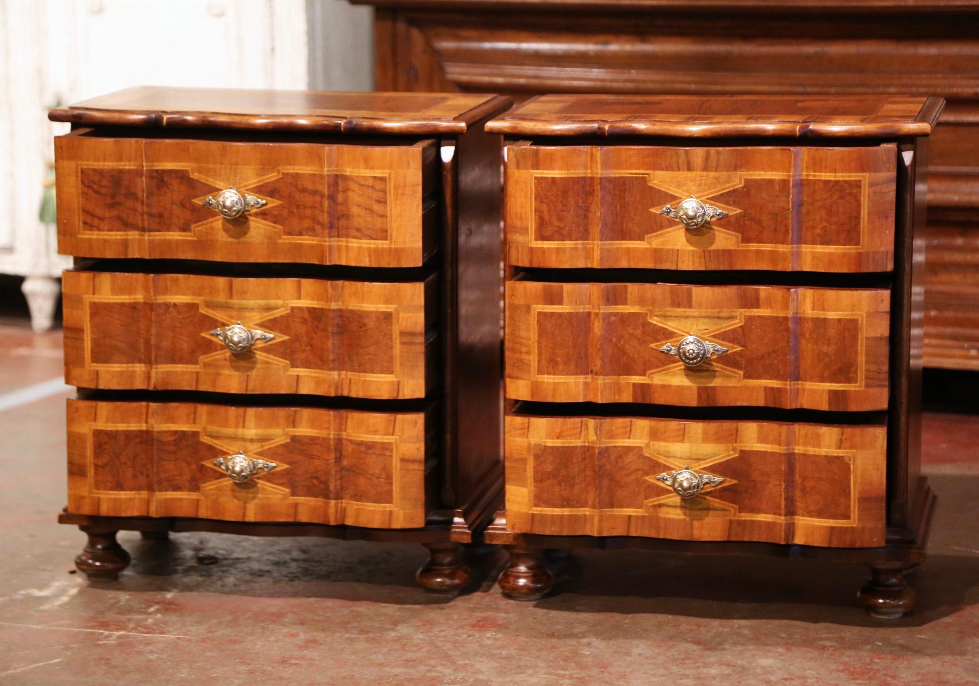 Pair of Mid-Century Italian Patchwork Walnut Three-Drawer Bedside Tables 2