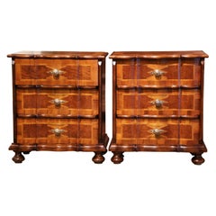 Pair of Mid-Century Italian Patchwork Walnut Three-Drawer Bedside Tables