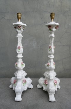 Pair of Midcentury Italian Rococo Style White Porcelain Lamps