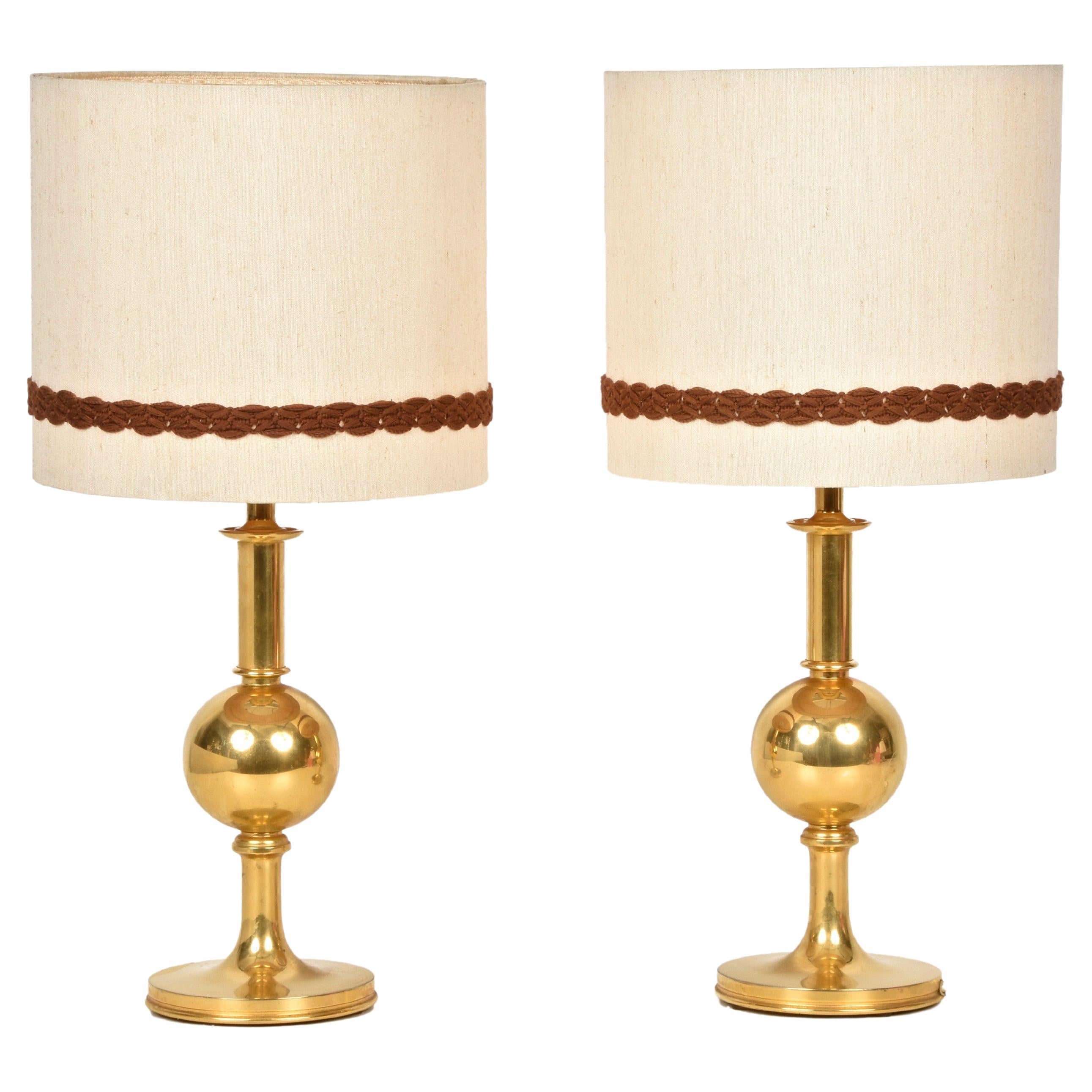 Pair of Midcentury Italian Solid Gilt Brass Table Lamps, 1980s
