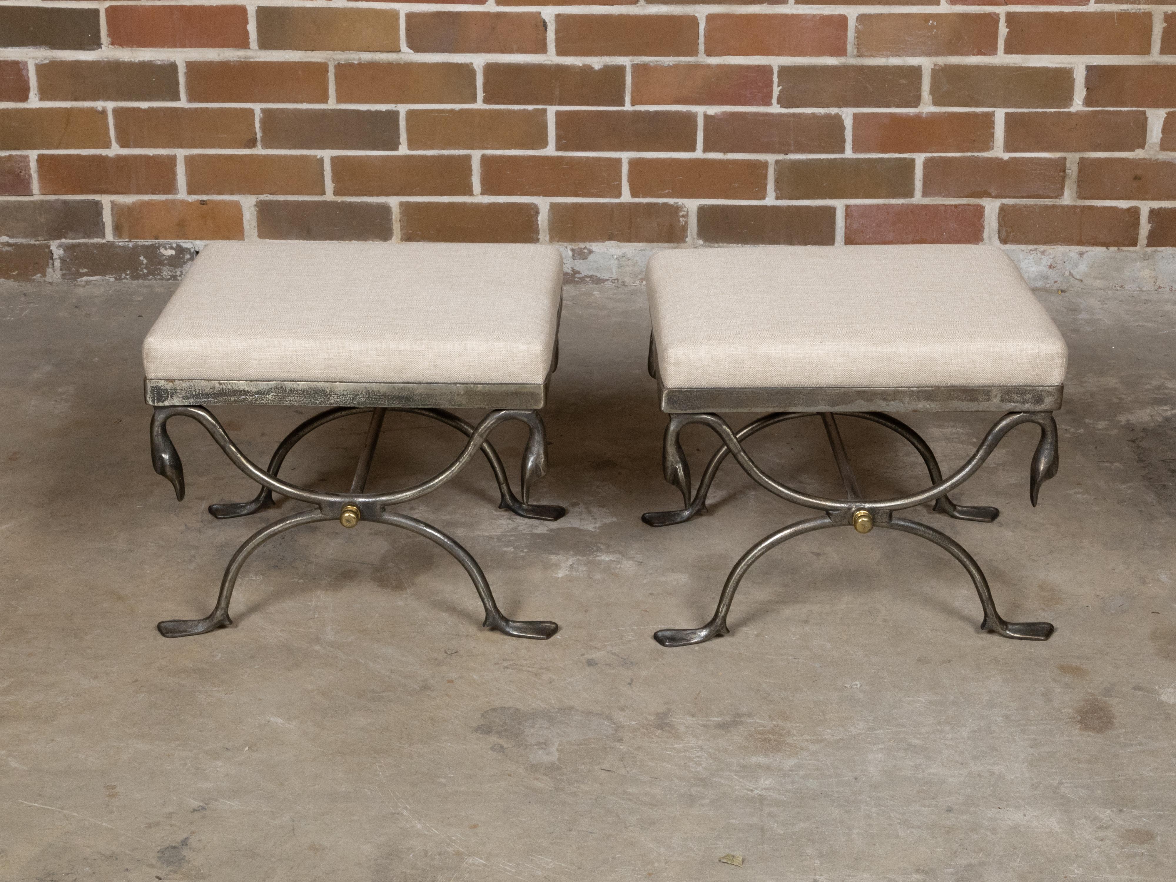 Pair of Midcentury Italian Steel Swan Neck Stools with Custom Upholstery 9