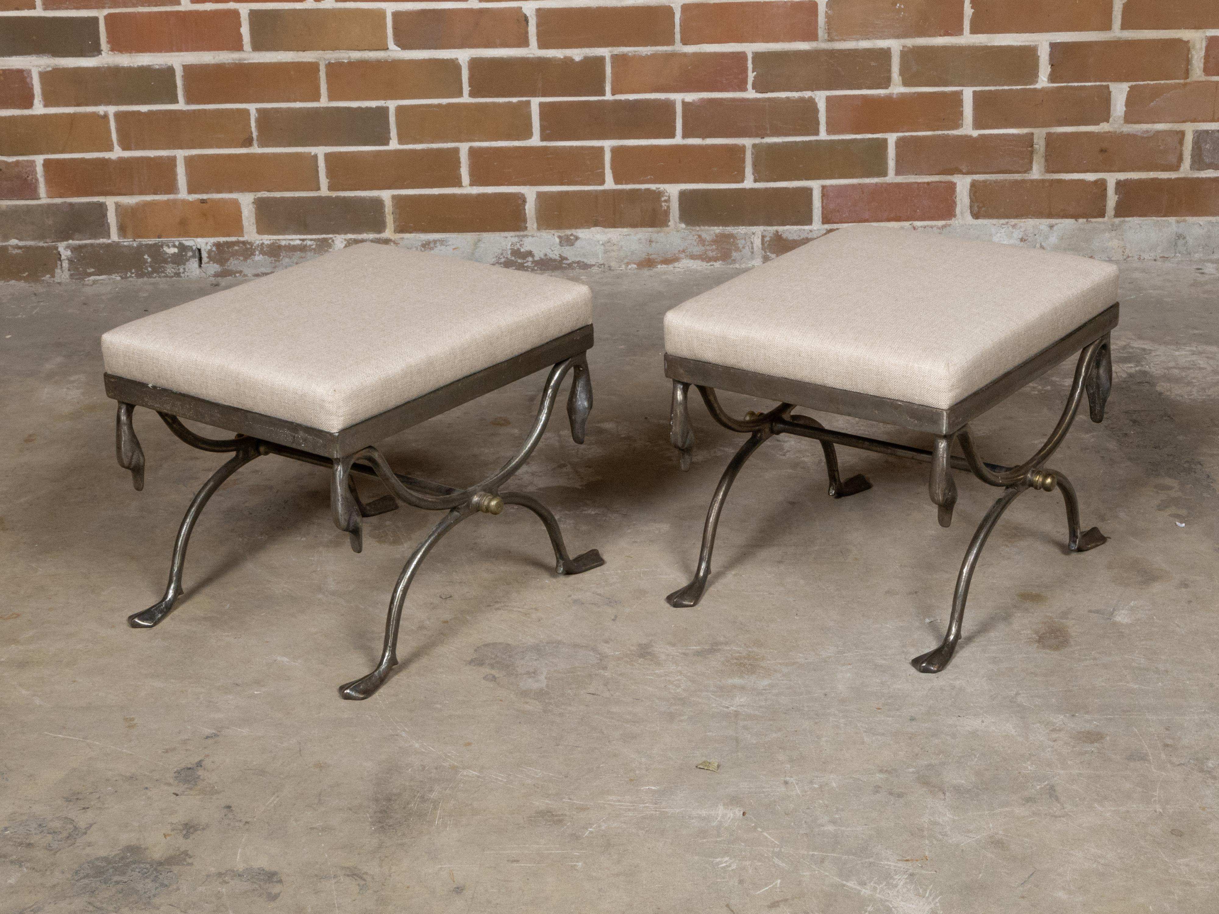 Pair of Midcentury Italian Steel Swan Neck Stools with Custom Upholstery In Good Condition In Atlanta, GA