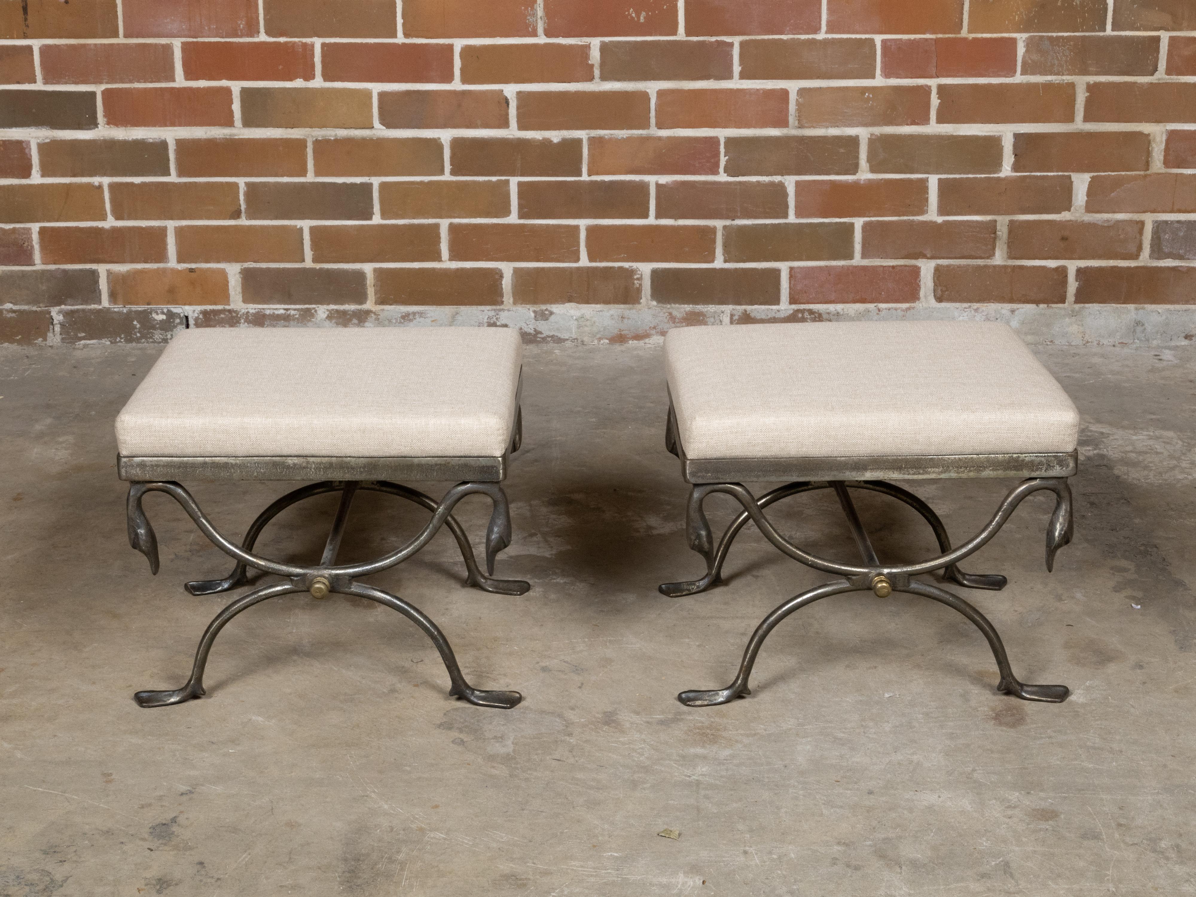 20th Century Pair of Midcentury Italian Steel Swan Neck Stools with Custom Upholstery