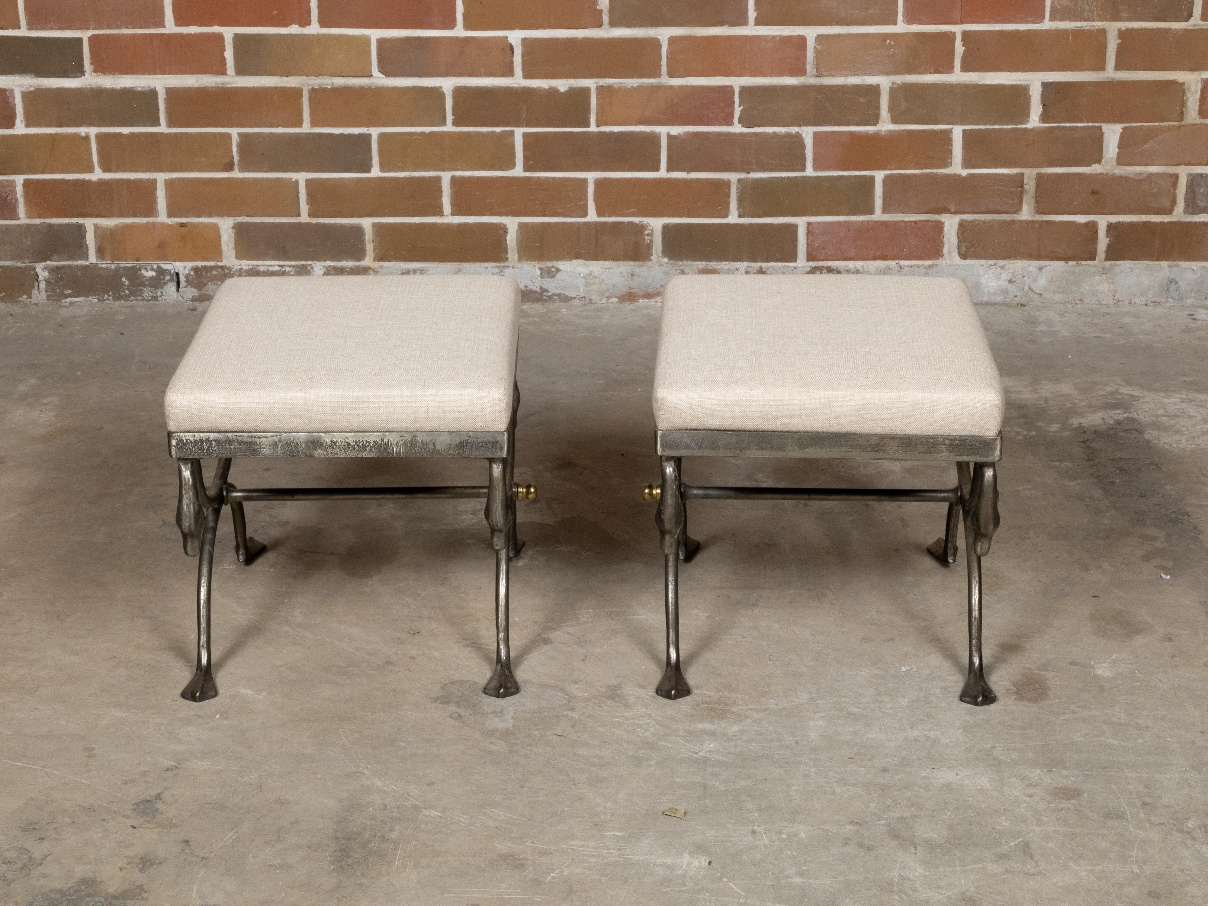 Pair of Midcentury Italian Steel Swan Neck Stools with Custom Upholstery 1