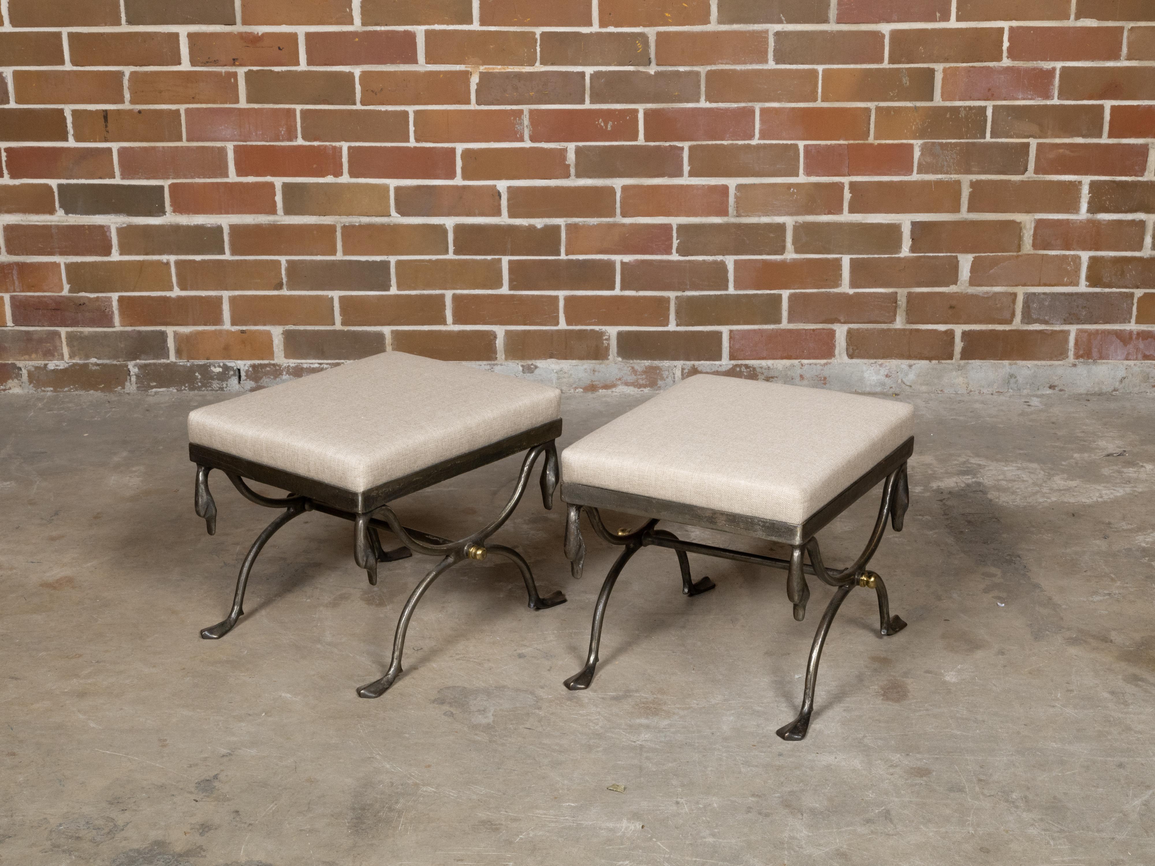 Pair of Midcentury Italian Steel Swan Neck Stools with Custom Upholstery 2