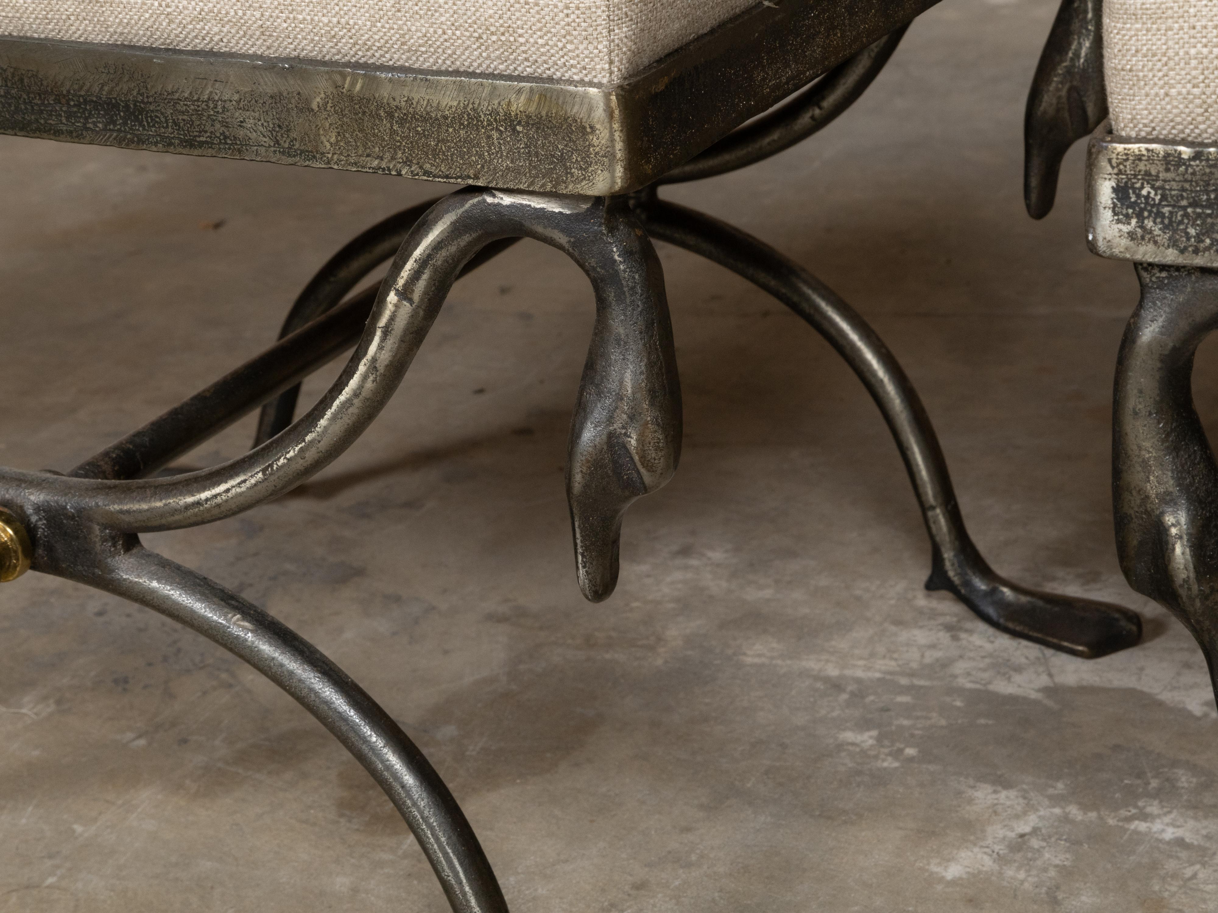 Pair of Midcentury Italian Steel Swan Neck Stools with Custom Upholstery 4
