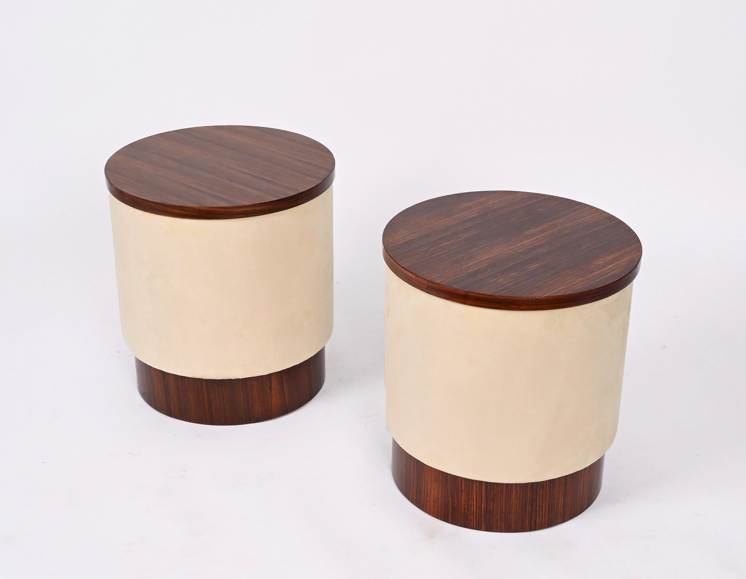 Pair of Midcentury Italian Stools in Walnut and Velvet, Italy, 1970s 8