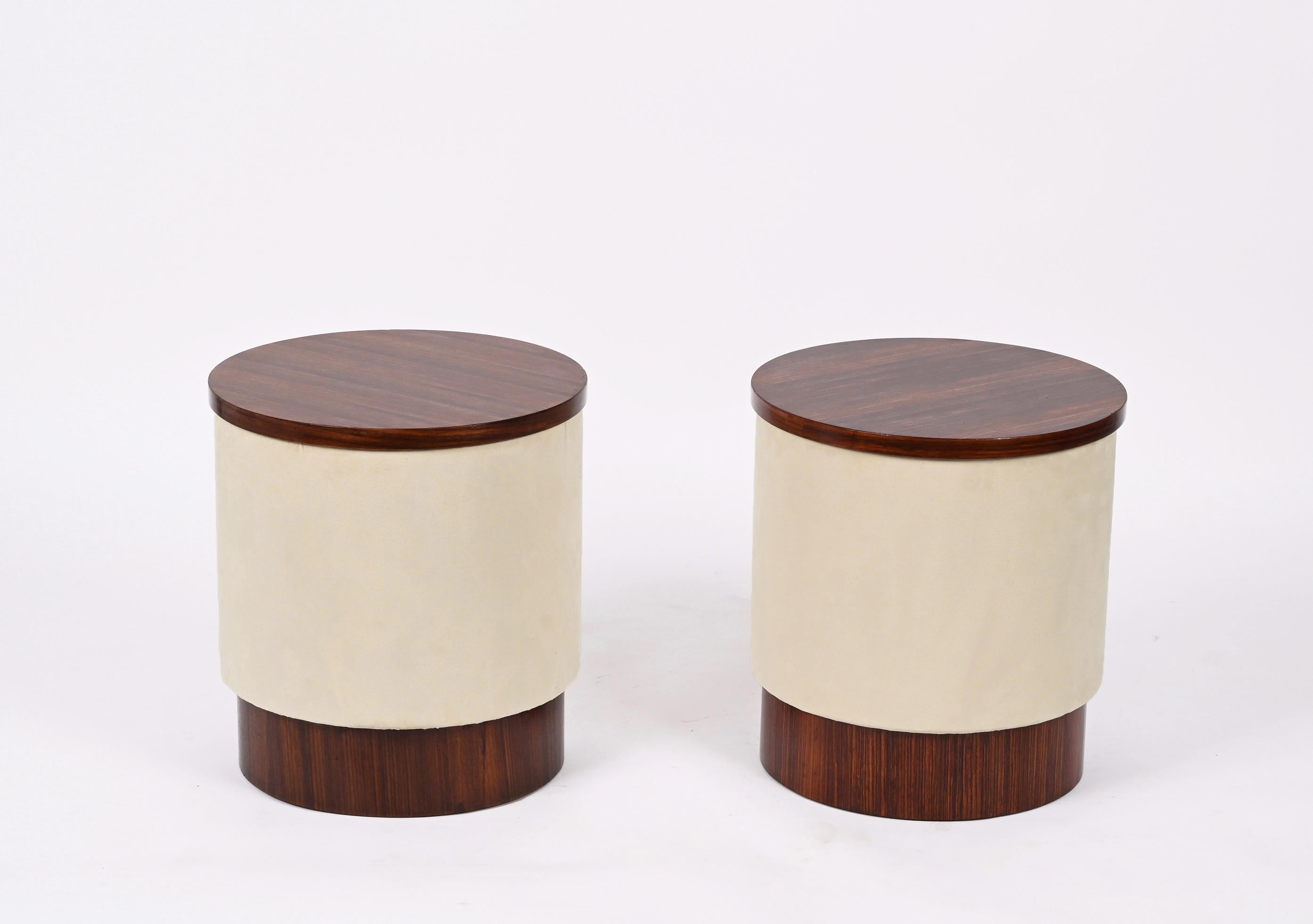 Pair of Midcentury Italian Stools in Walnut and Velvet, Italy, 1970s 2