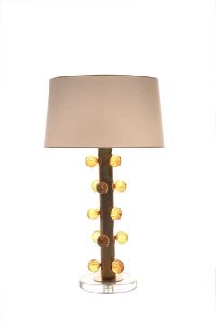 Pair of Antique Midcentury Amber Ribbed Italian Table Lamps with Brass Frames