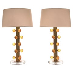 Pair of Antique Midcentury Amber Ribbed Italian Table Lamps with Brass Frames