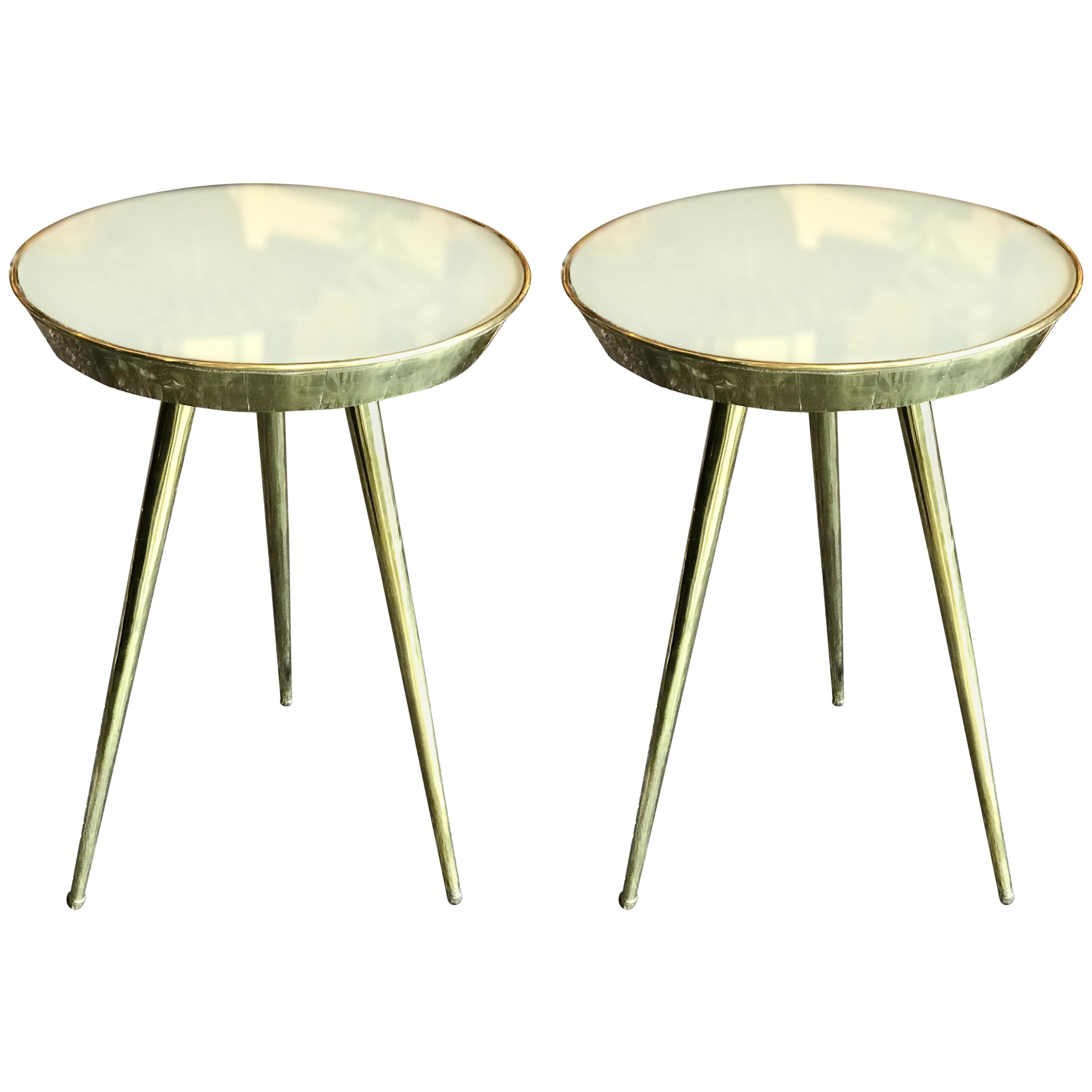 Pair of Midcentury Italian Taupe Glass and Brass Side Tables