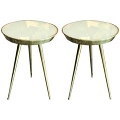 Pair of Midcentury Italian Taupe Glass and Brass Side Tables