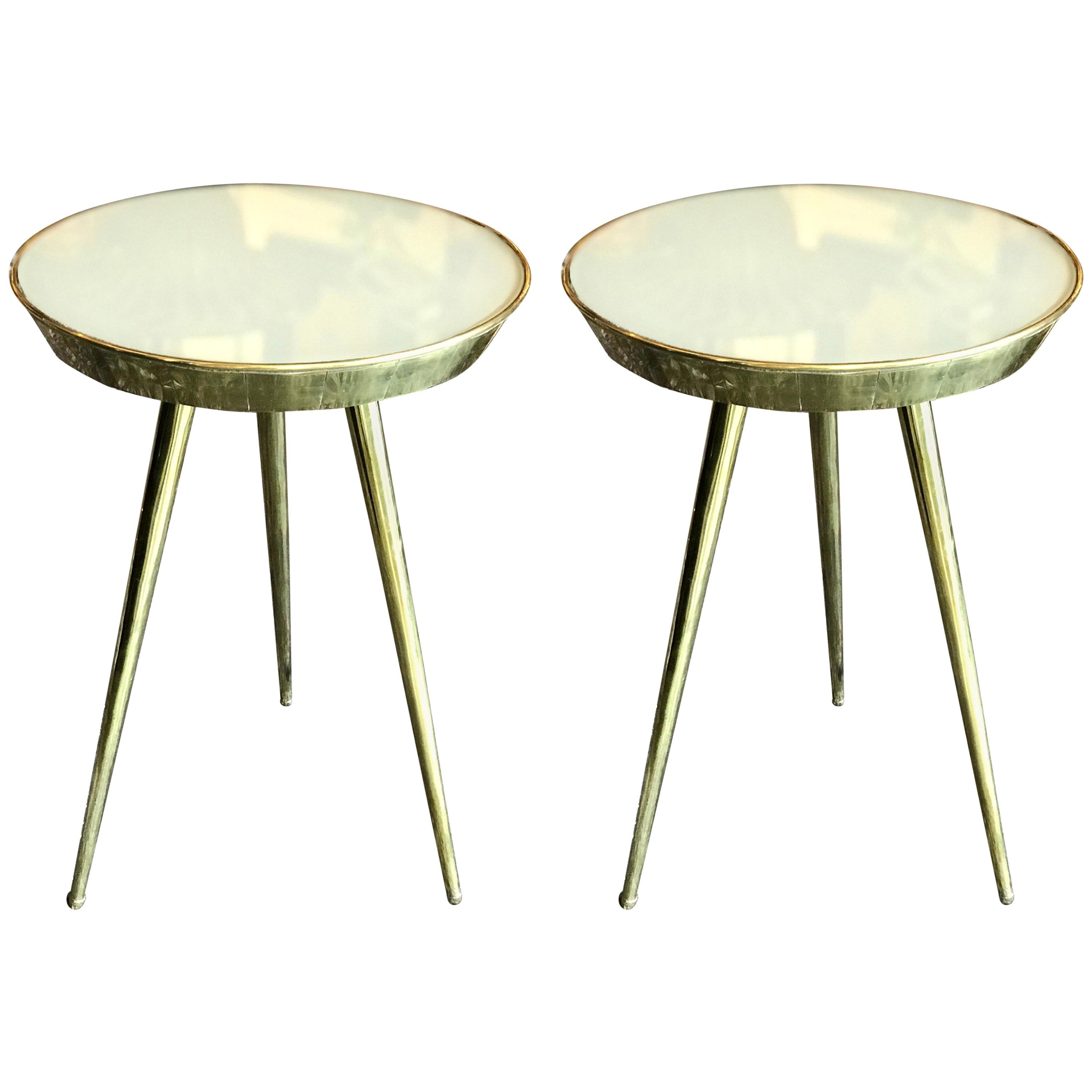 Pair of Midcentury Italian Ivory White Glass and Brass Side Tables