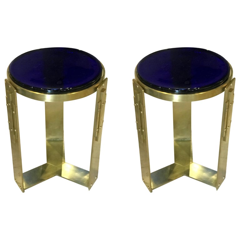 Pair of Midcentury Italian Thick Cobalt Blue Blown Glass and Brass Side