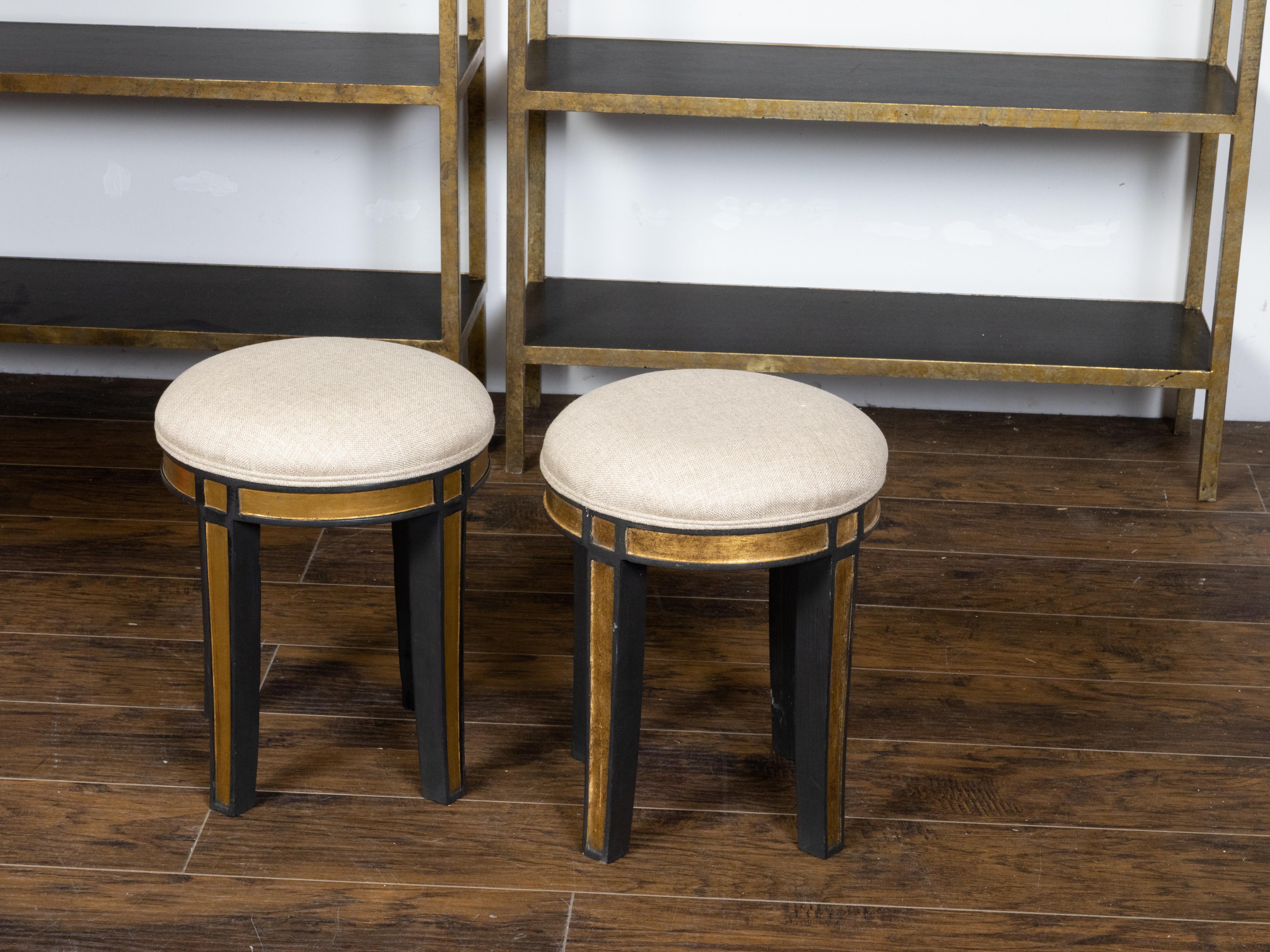 Upholstery Pair of Midcentury Italian Upholstered Stools with Black and Gold Décor For Sale