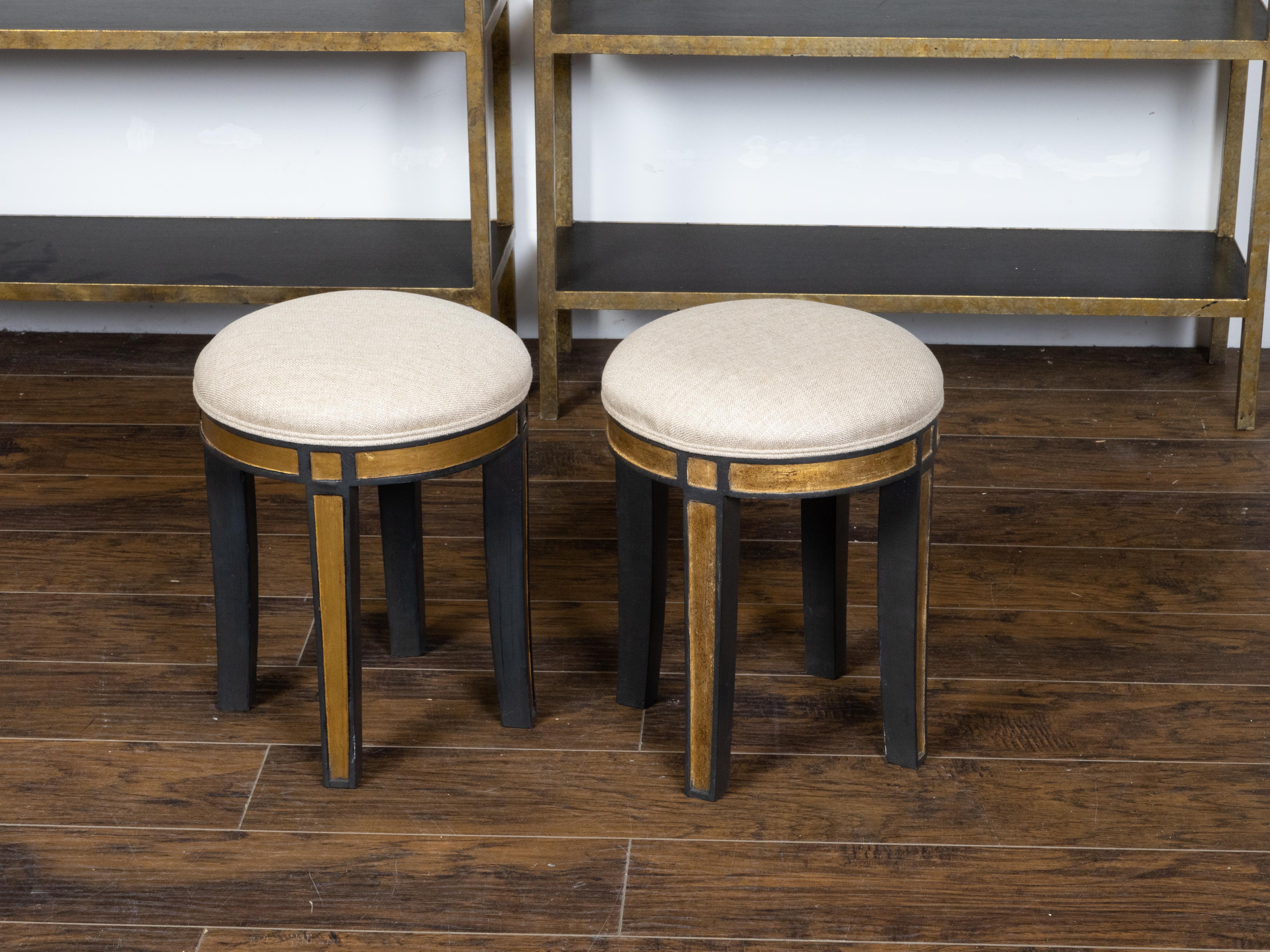 Pair of Midcentury Italian Upholstered Stools with Black and Gold Décor For Sale 1