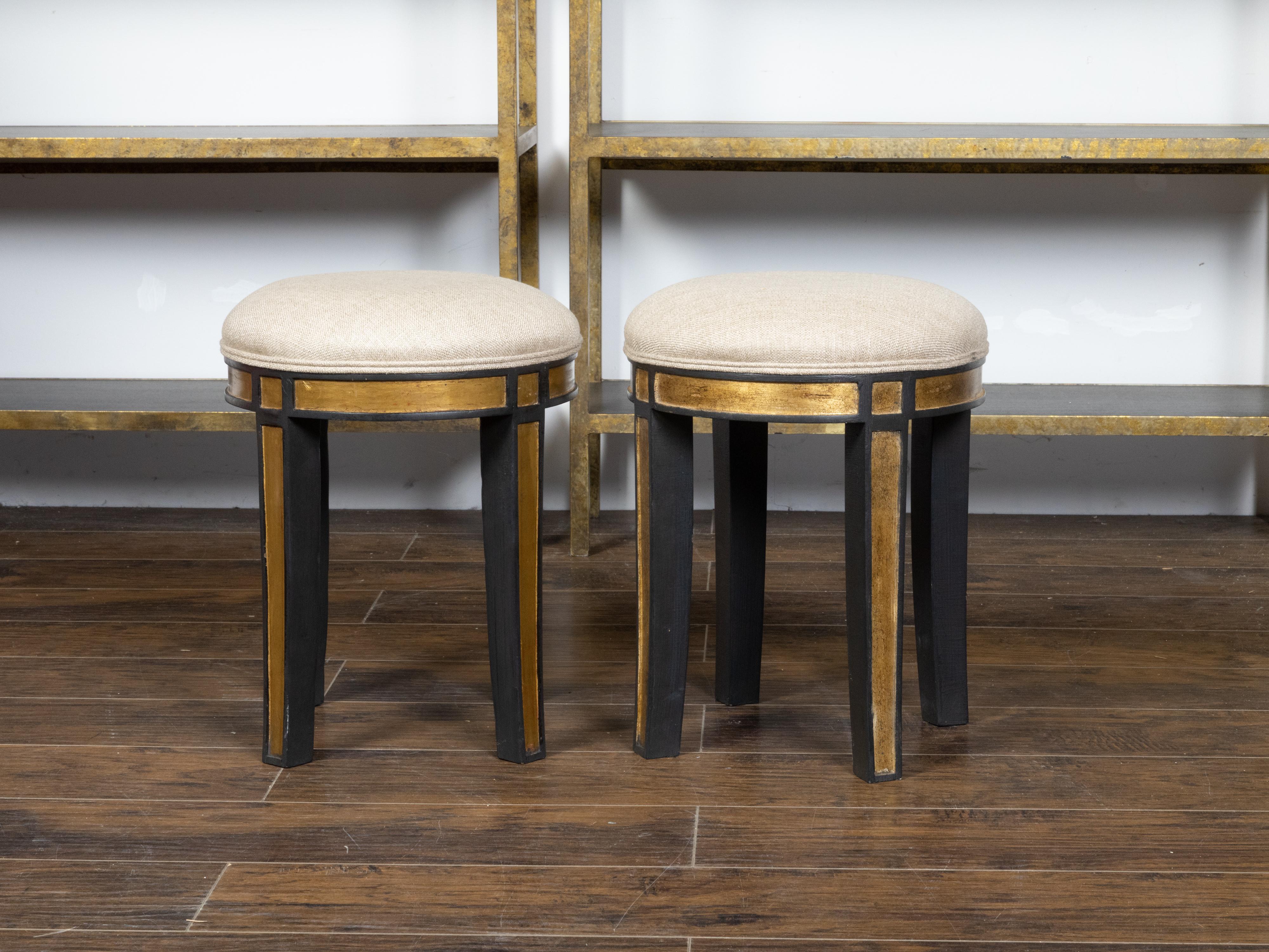 Pair of Midcentury Italian Upholstered Stools with Black and Gold Décor For Sale 2