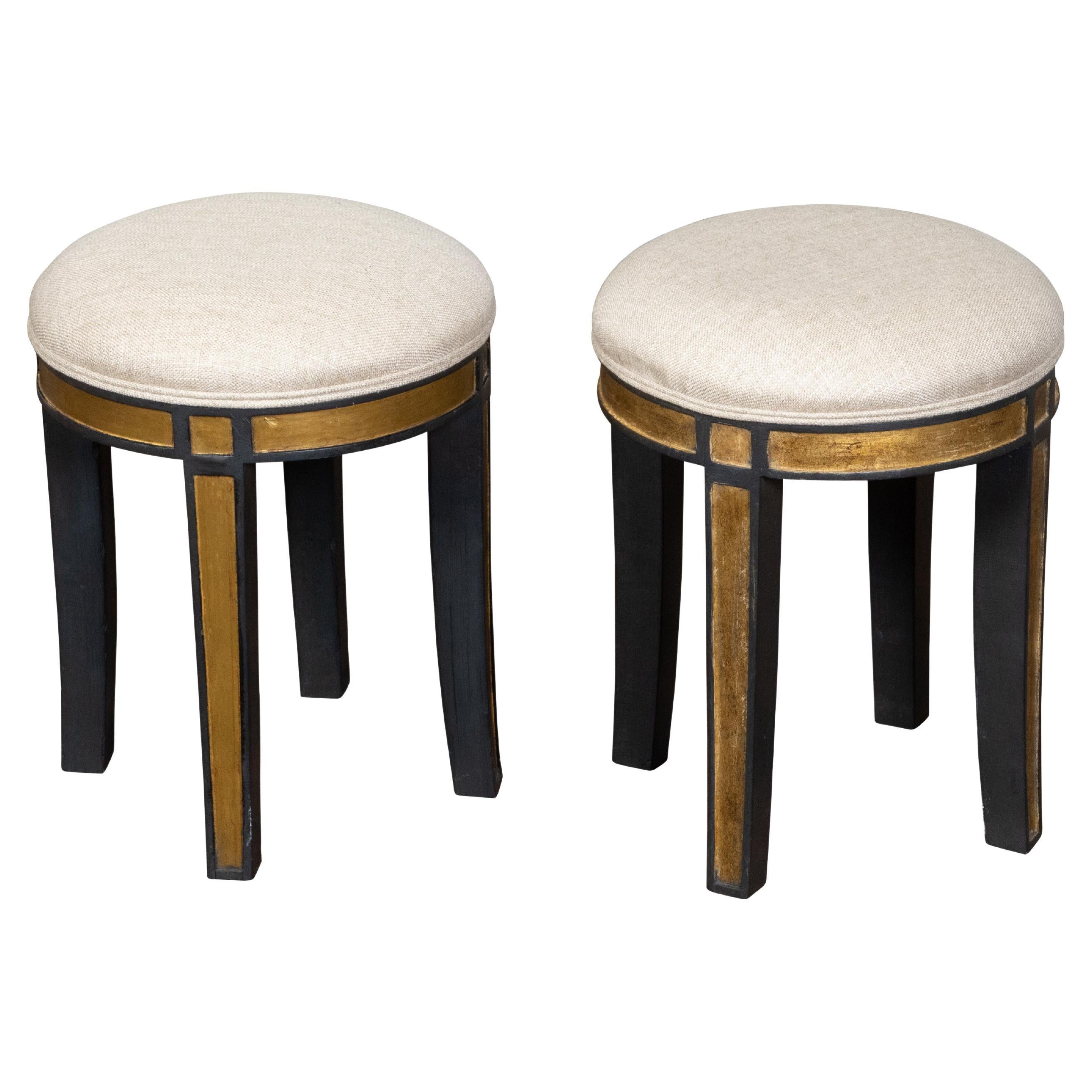 Pair of Midcentury Italian Upholstered Stools with Black and Gold Décor For Sale