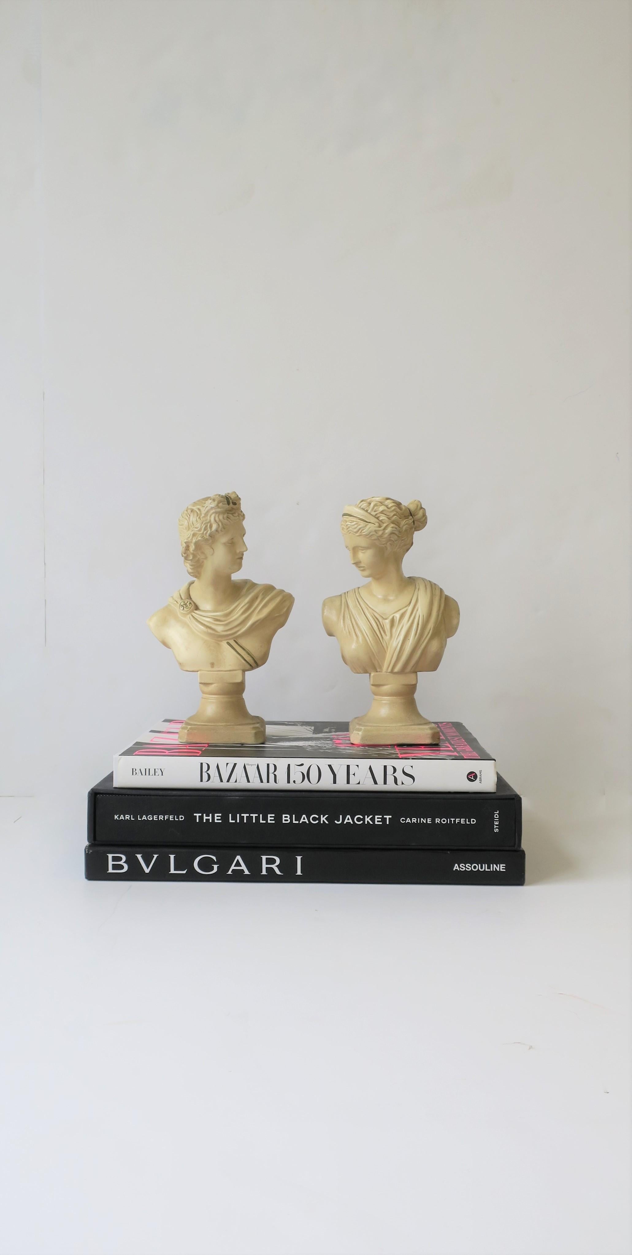 A beautiful pair of mid-20th century Italian male and female classical Roman style bust statue sculptures. Pieces are plaster with a white overlay.

Bust measurements: 
Male 10