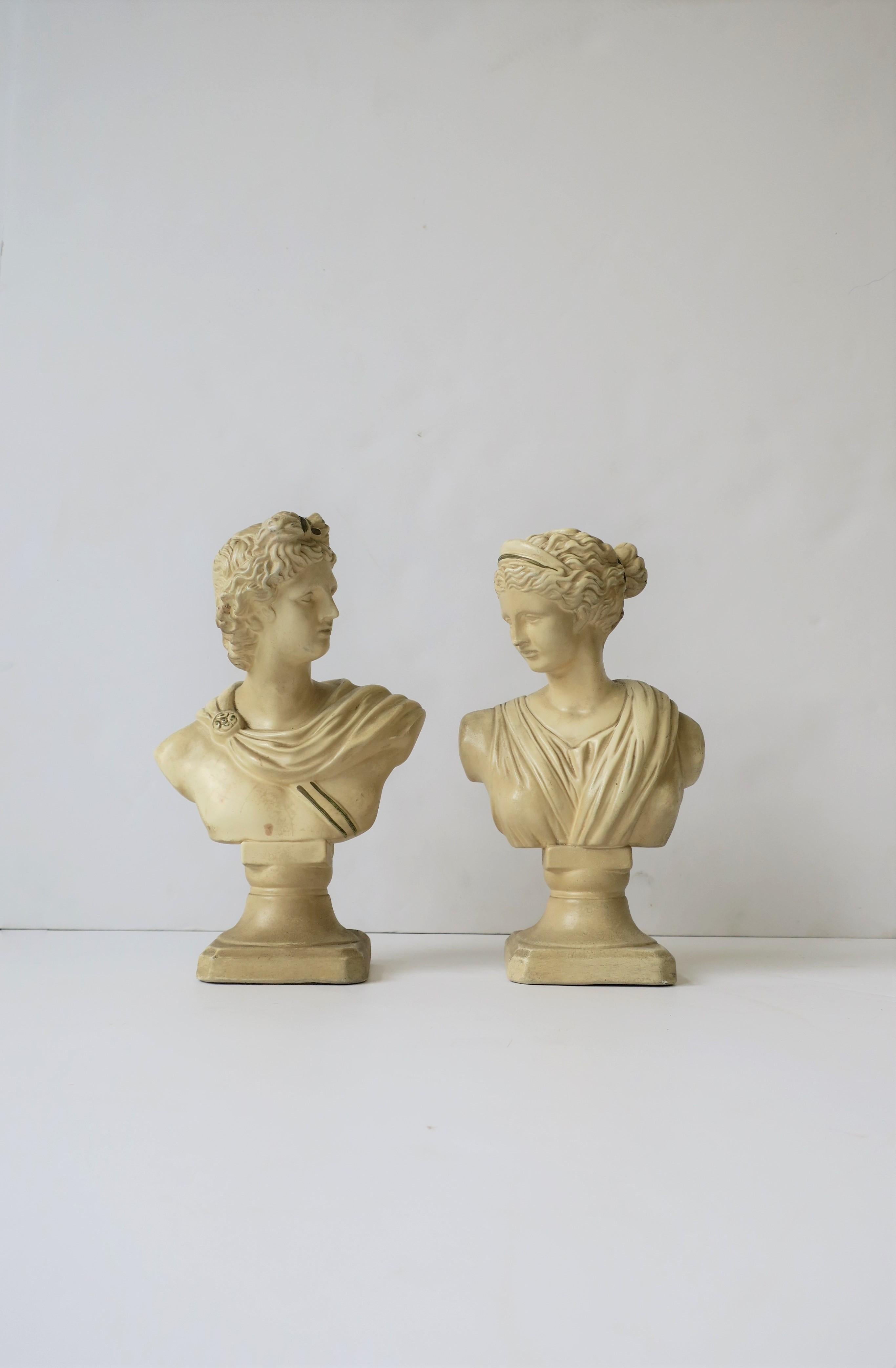 Classical Roman Pair of Midcentury Italian White Plaster Classic Roman Bust Sculptures