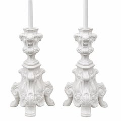Pair of Midcentury Italian White Porcelain Candlestick Table Lamps
