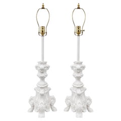 Pair of Midcentury Italian White Porcelain Candlestick Table Lamps