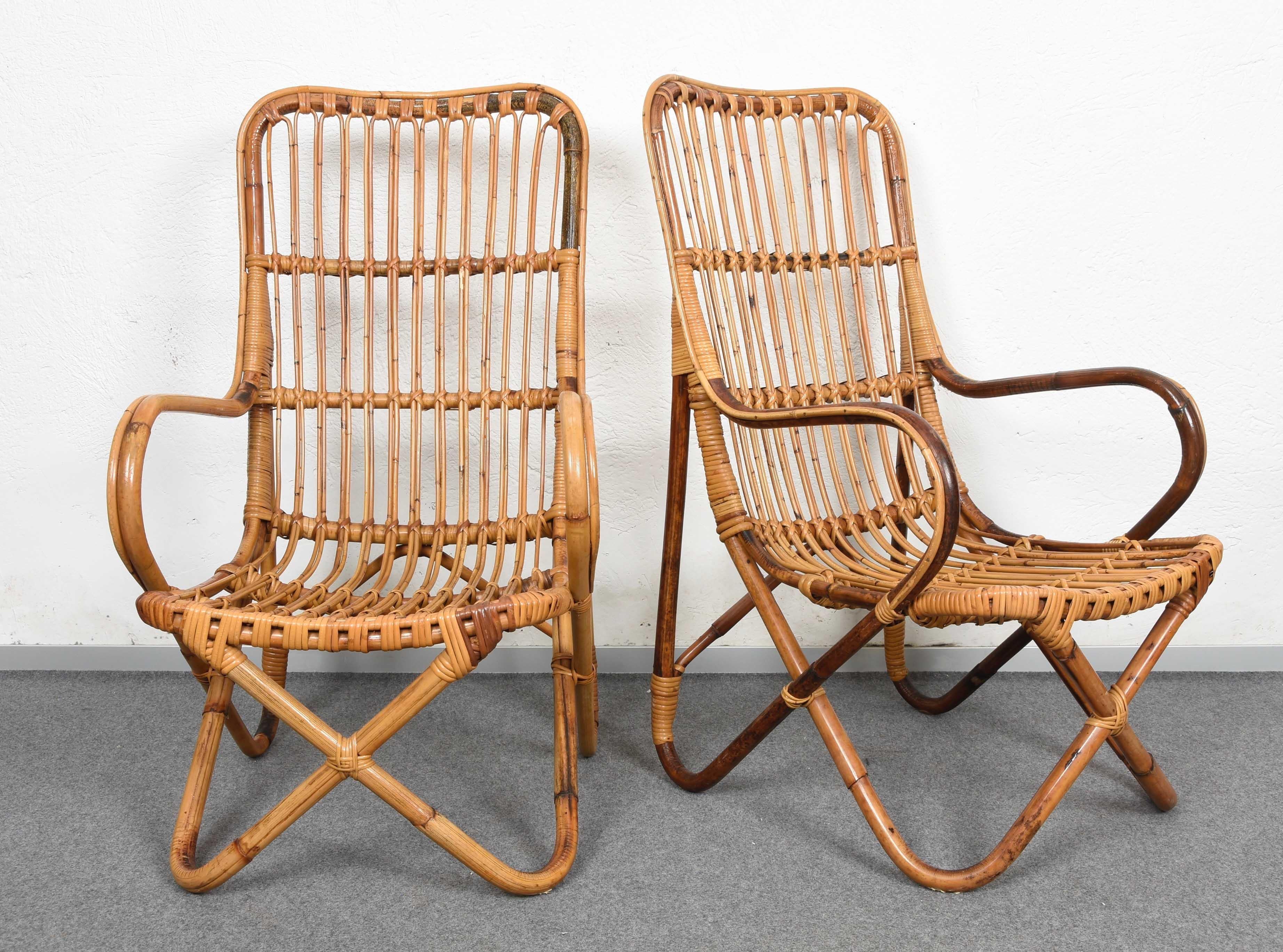 Pair of Midcentury Italian Wicker and Bamboo Armchairs after Tito Agnoli, 1960s 5