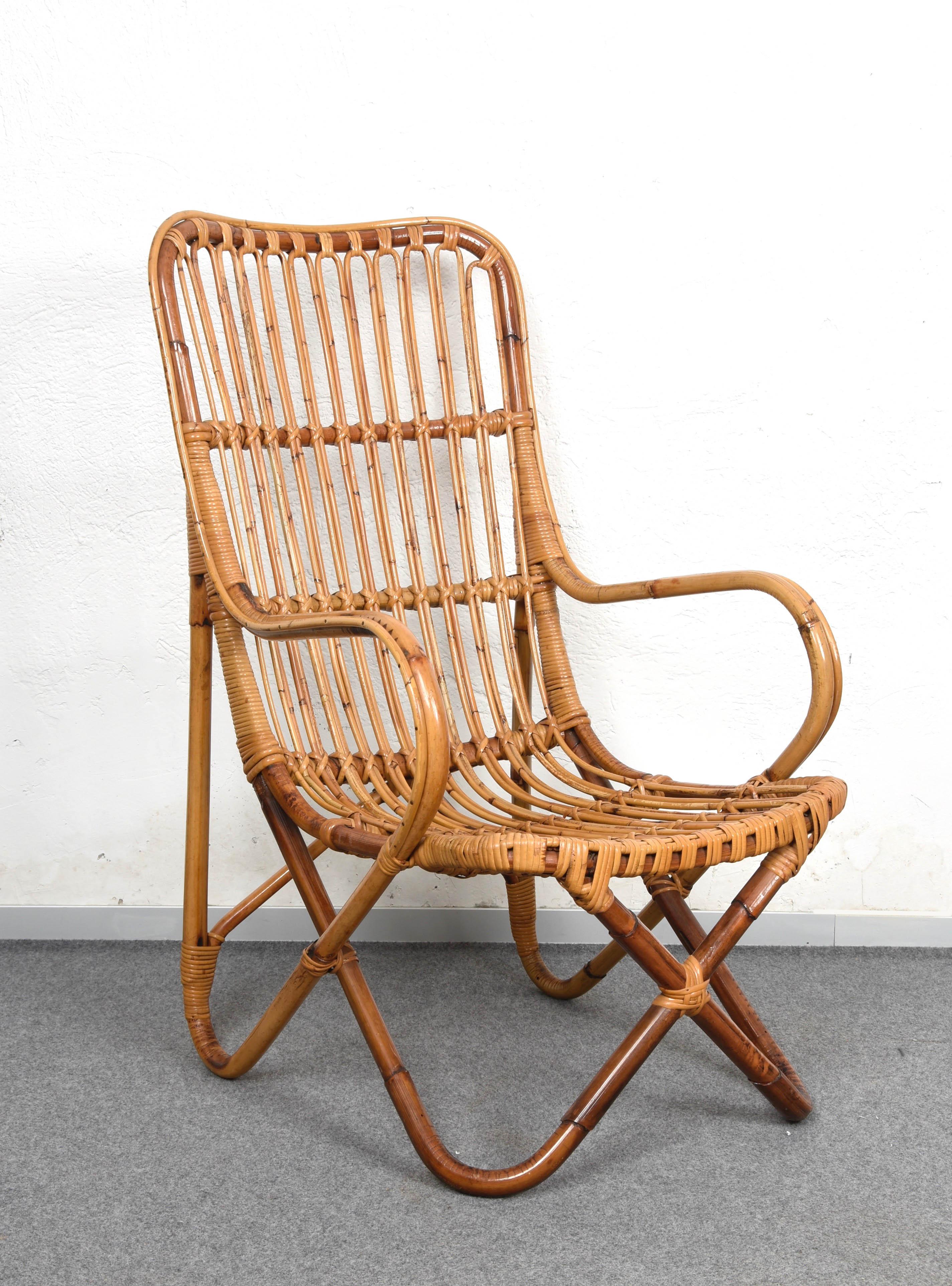 Pair of Midcentury Italian Wicker and Bamboo Armchairs after Tito Agnoli, 1960s 5