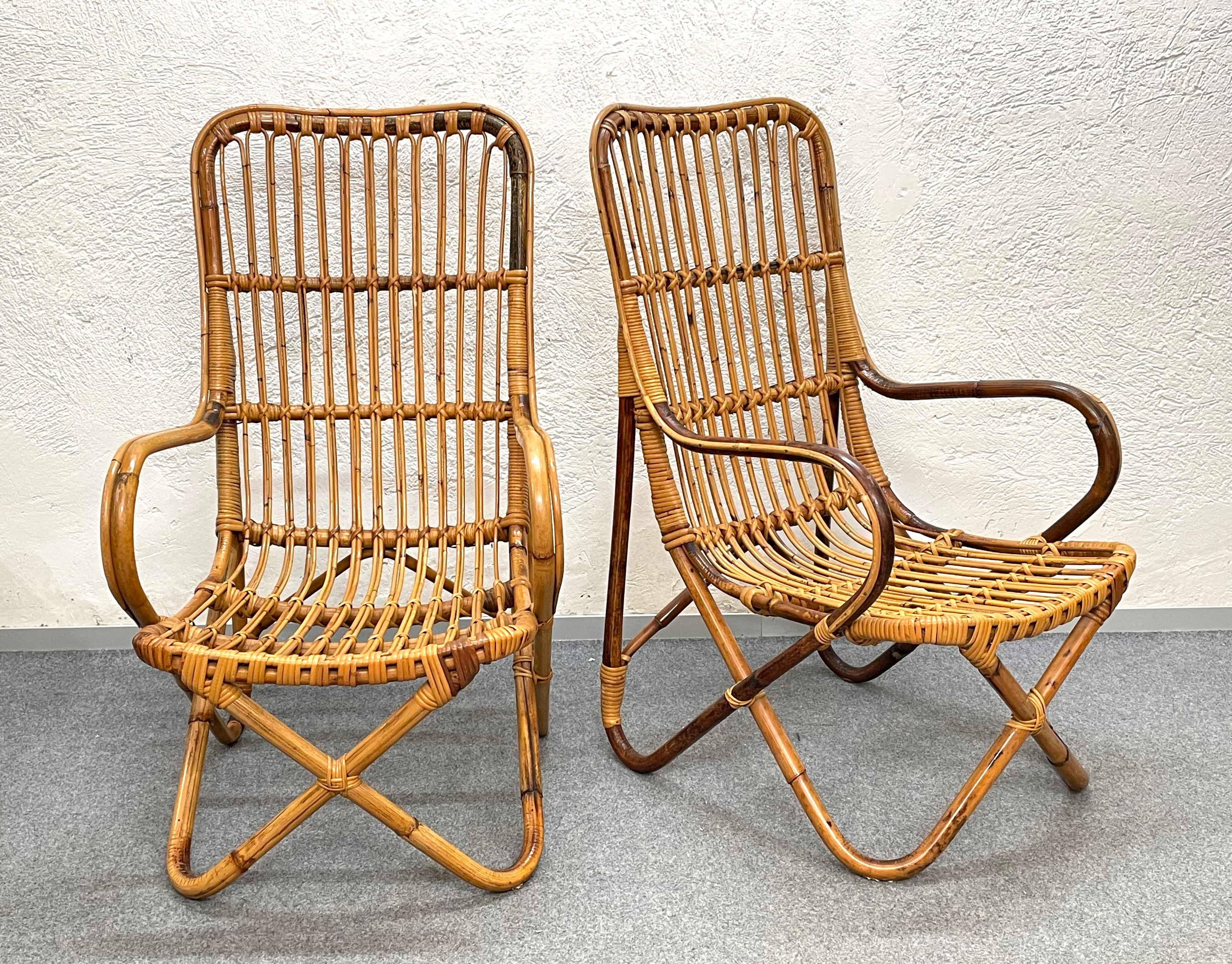 Pair of Midcentury Italian Wicker and Bamboo Armchairs after Tito Agnoli, 1960s 6