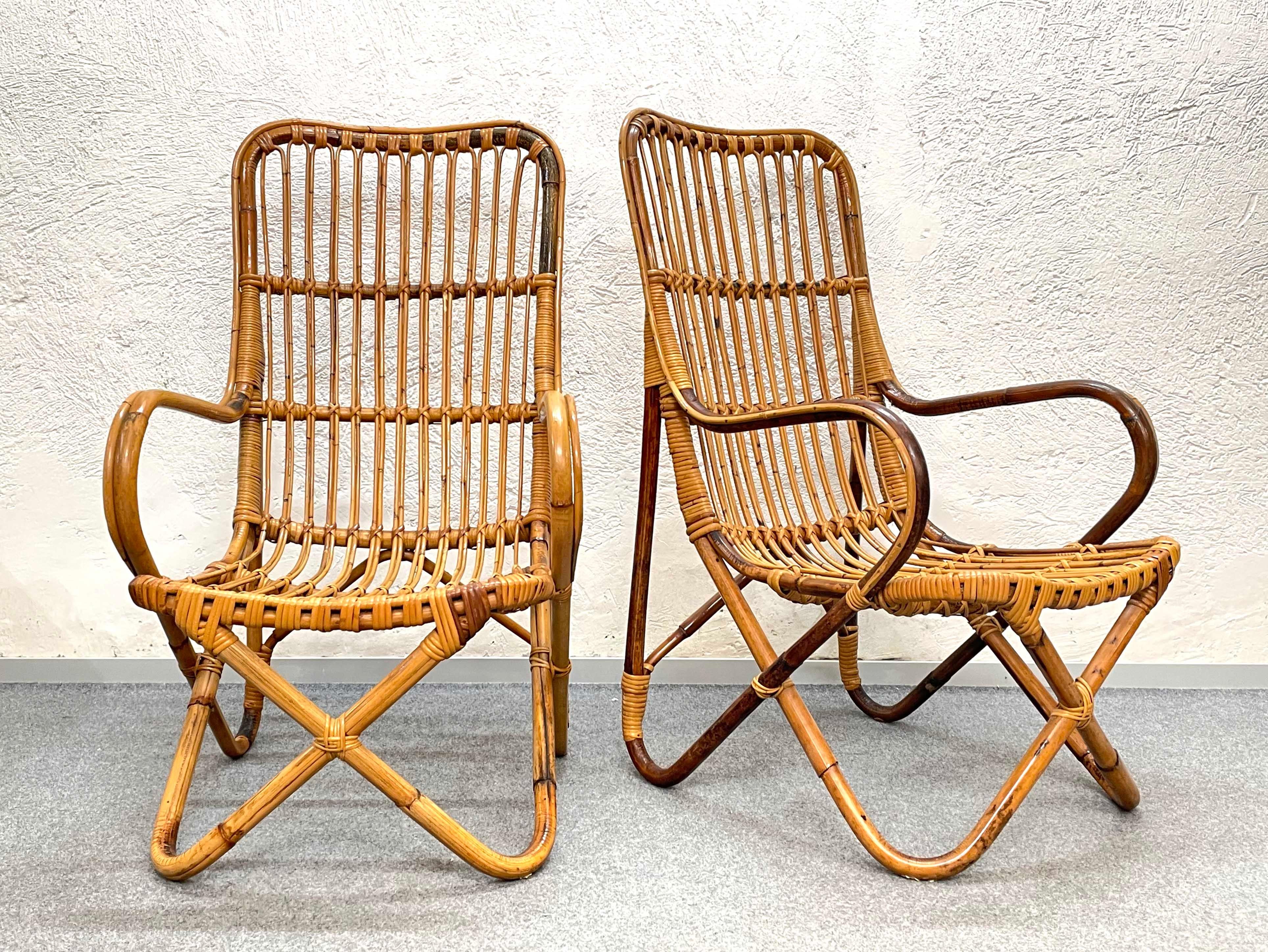 Pair of Midcentury Italian Wicker and Bamboo Armchairs after Tito Agnoli, 1960s 7